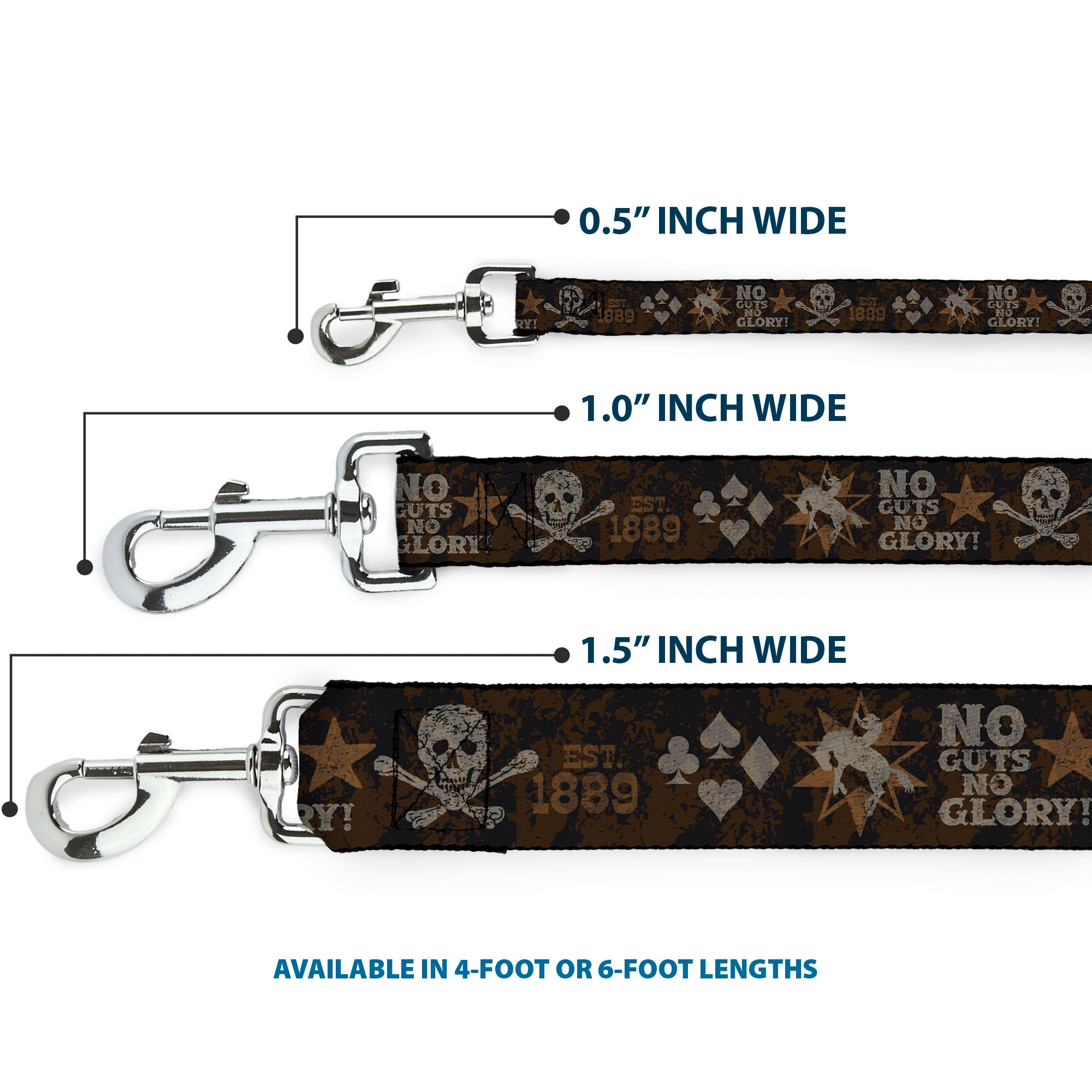 Dog Leash - Western NO GUTS NO GLORY Skull and Crossbones Browns/Gray Dog Leashes Buckle-Down
