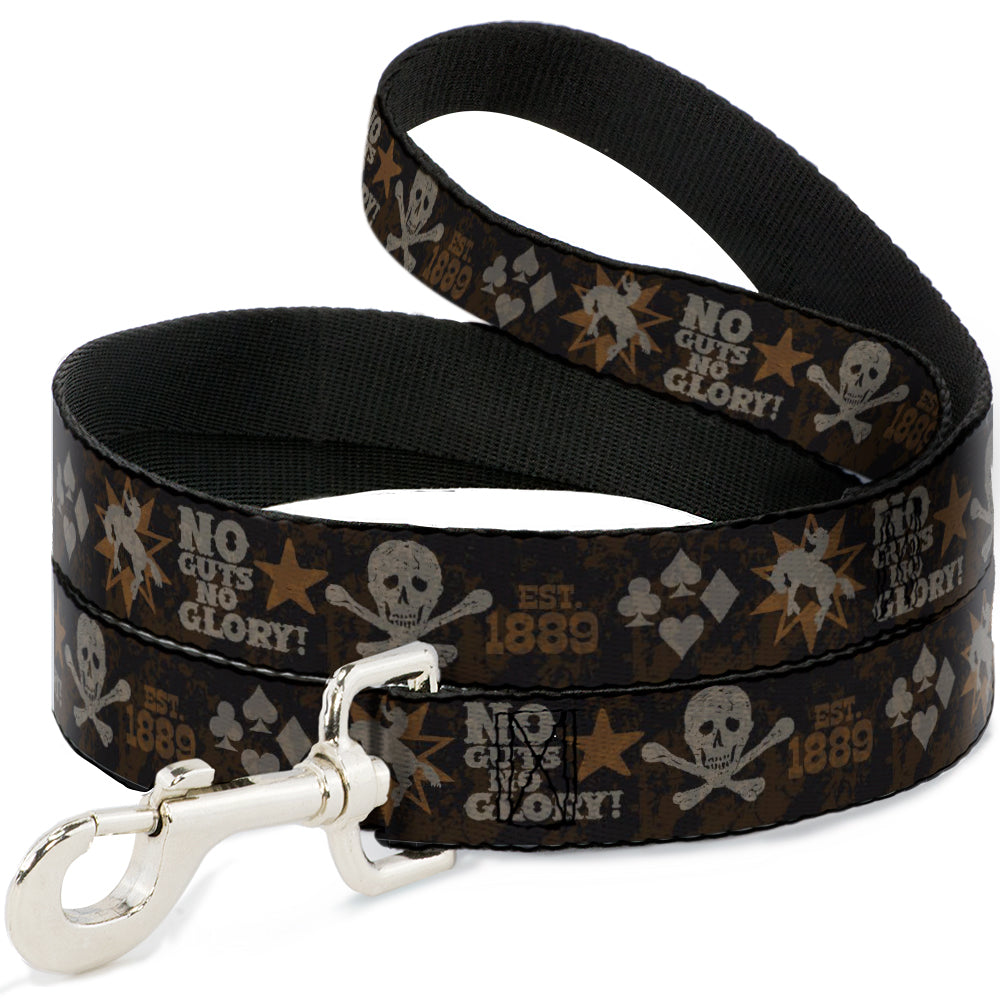 Dog Leash - Western NO GUTS NO GLORY Skull and Crossbones Browns/Gray Dog Leashes Buckle-Down