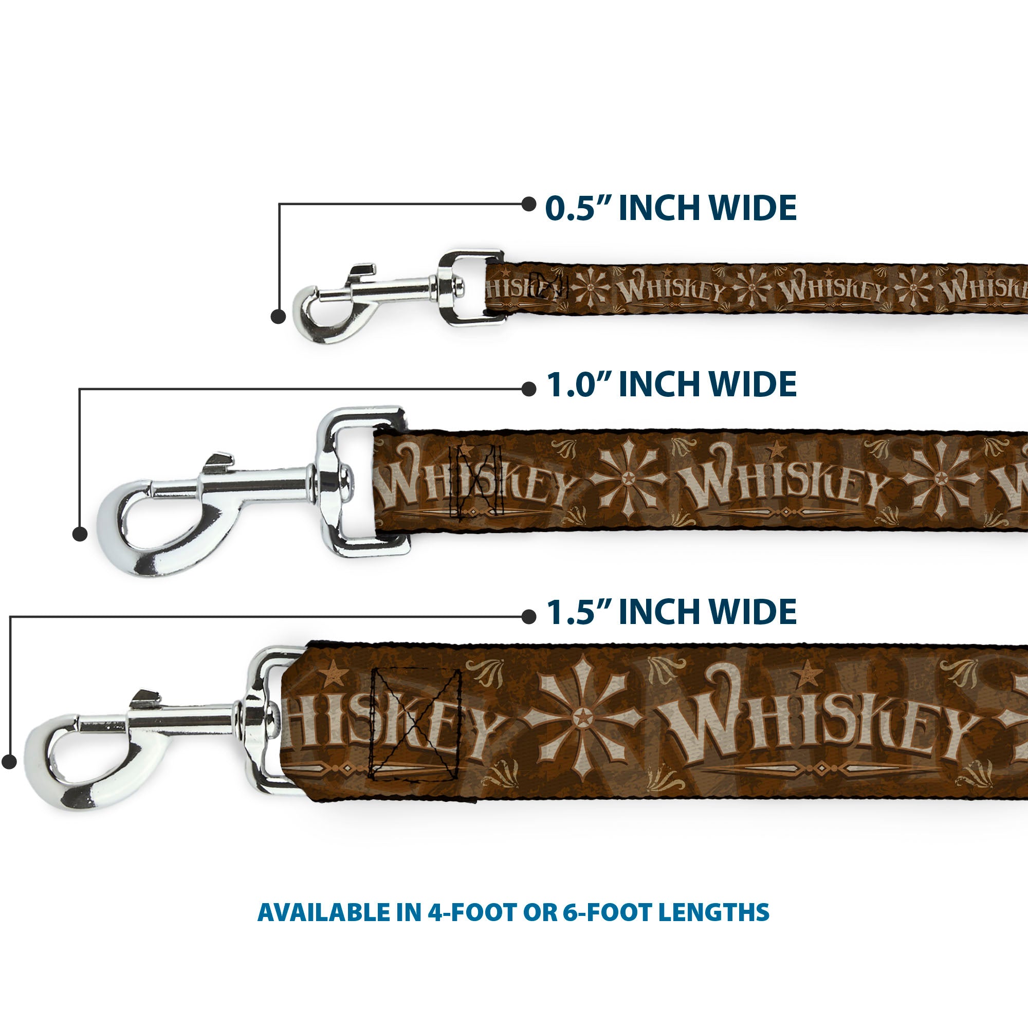 Dog Leash - Western WHISKEY Star with Text Shadow Repeat Browns/Tan Dog Leashes Buckle-Down