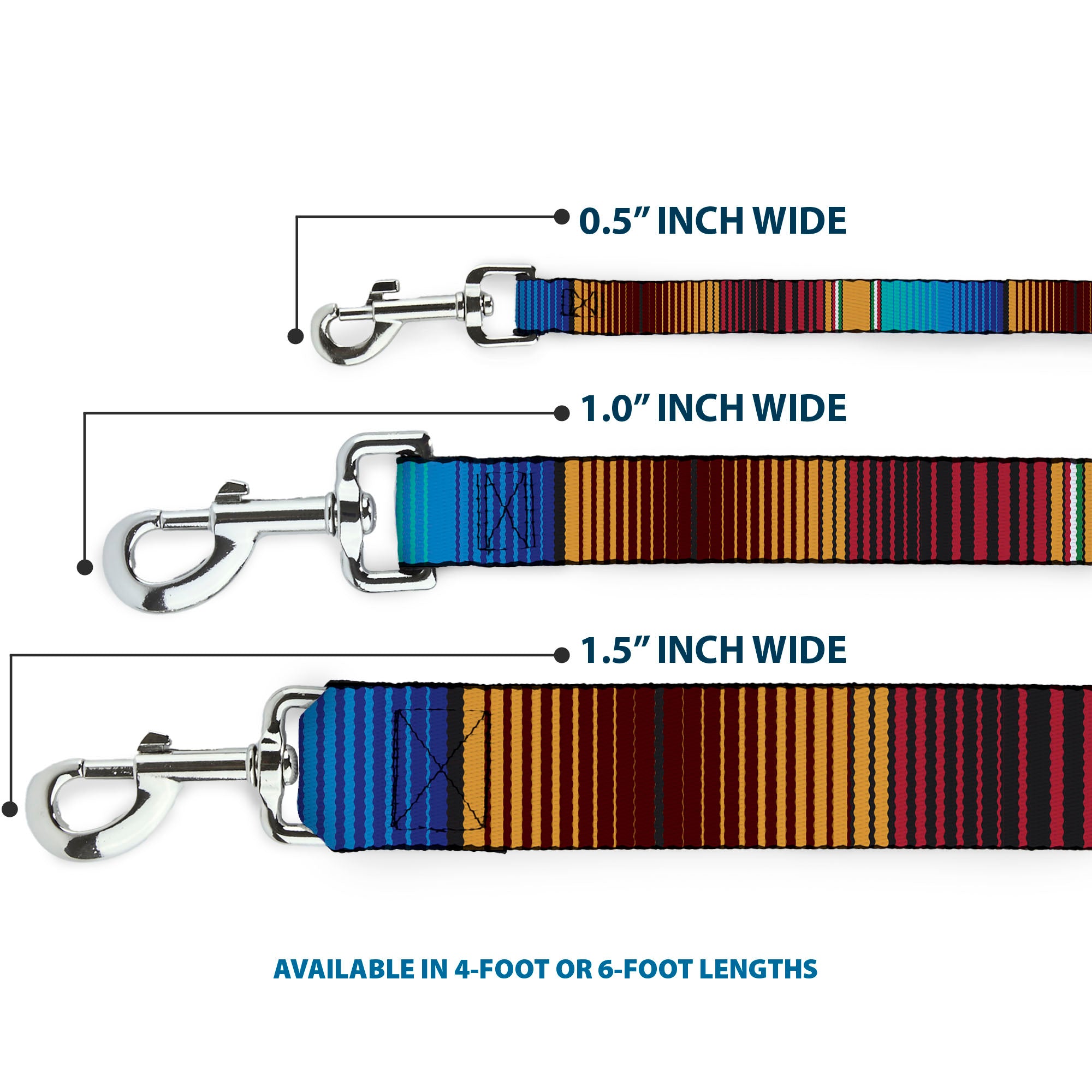 Dog Leash - Zarape6 Vertical Stripe Gold/Blues/Black/Red Dog Leashes Buckle-Down