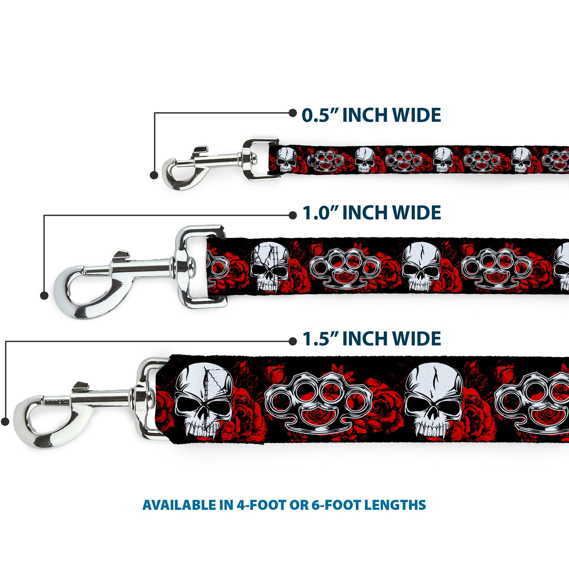 Buckle-Down Dog Leash - Brass Knuckles/Skulls/Roses Black/Red/White Dog Leashes Buckle-Down