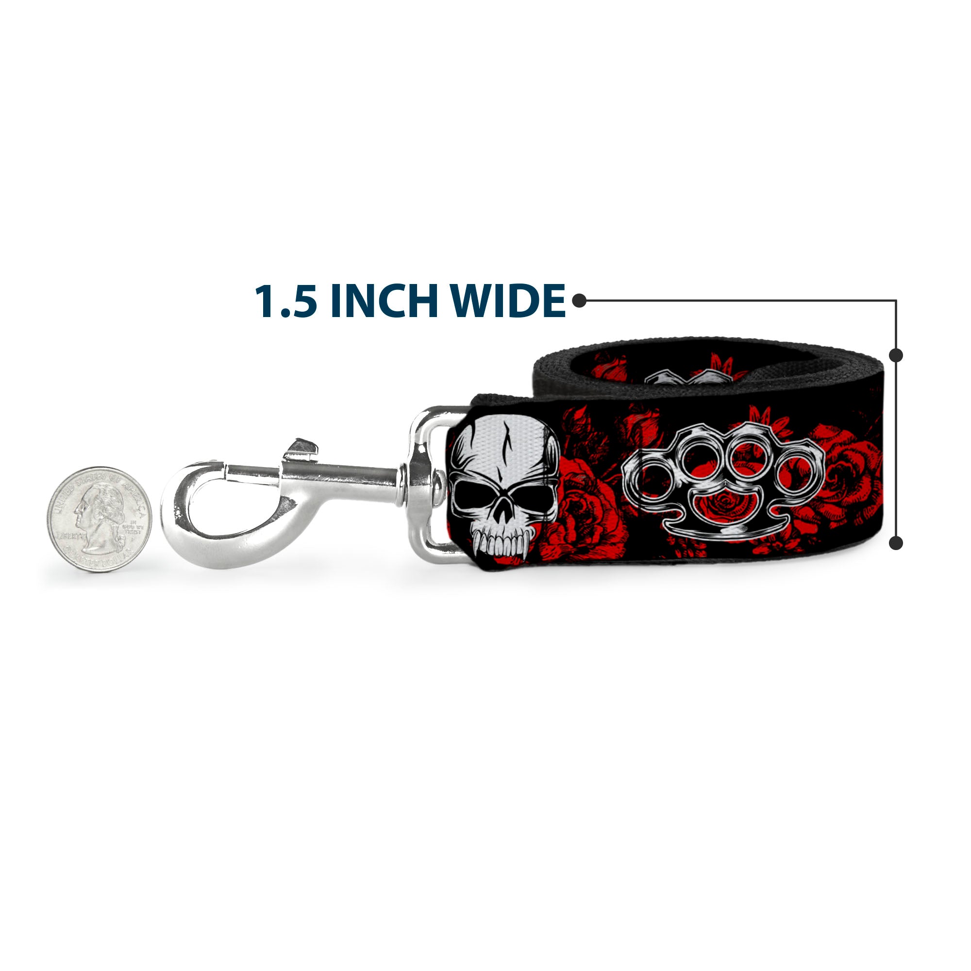 Buckle-Down Dog Leash - Brass Knuckles/Skulls/Roses Black/Red/White Dog Leashes Buckle-Down