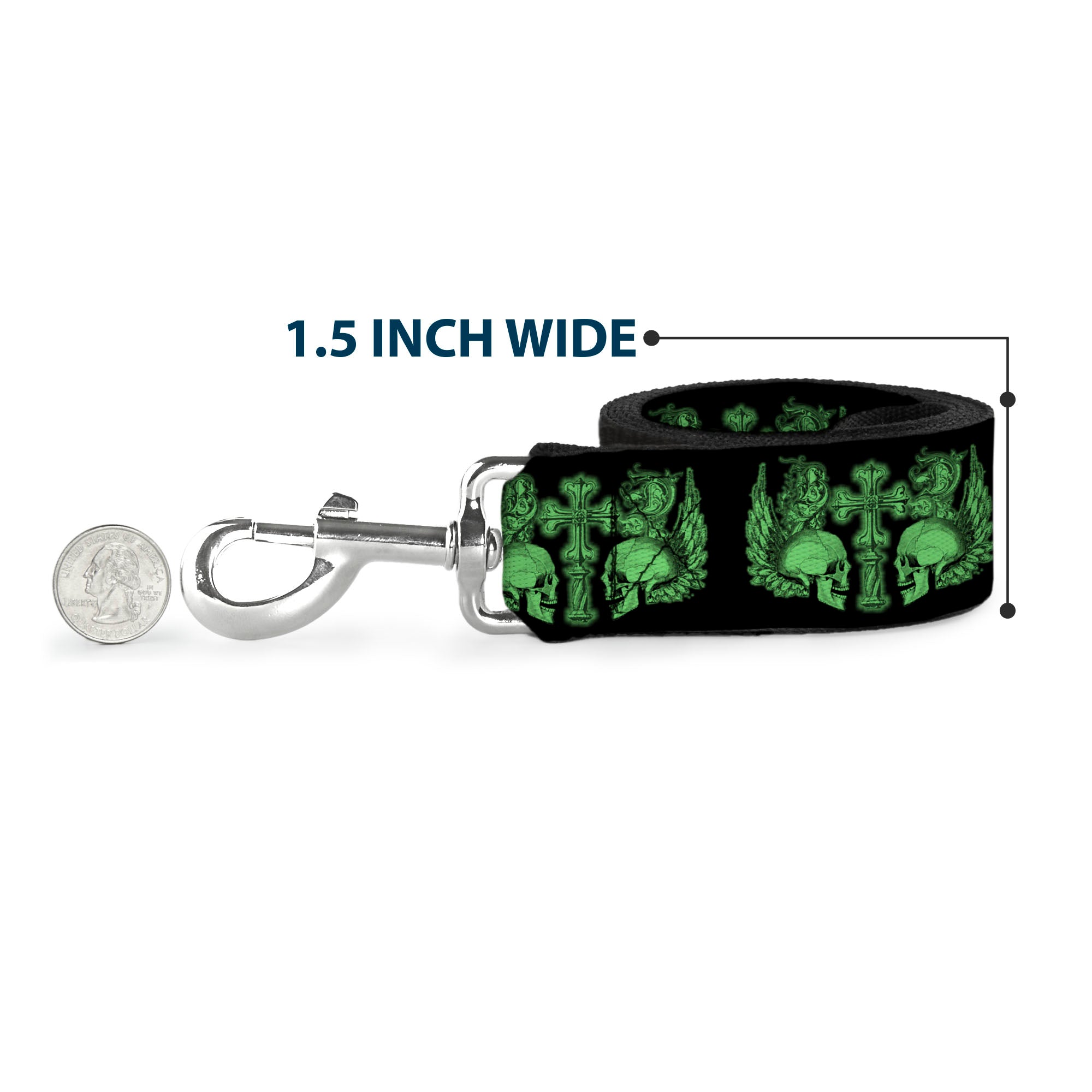 Dog Leash - BD Skulls w/Wings Black/Green Dog Leashes Buckle-Down