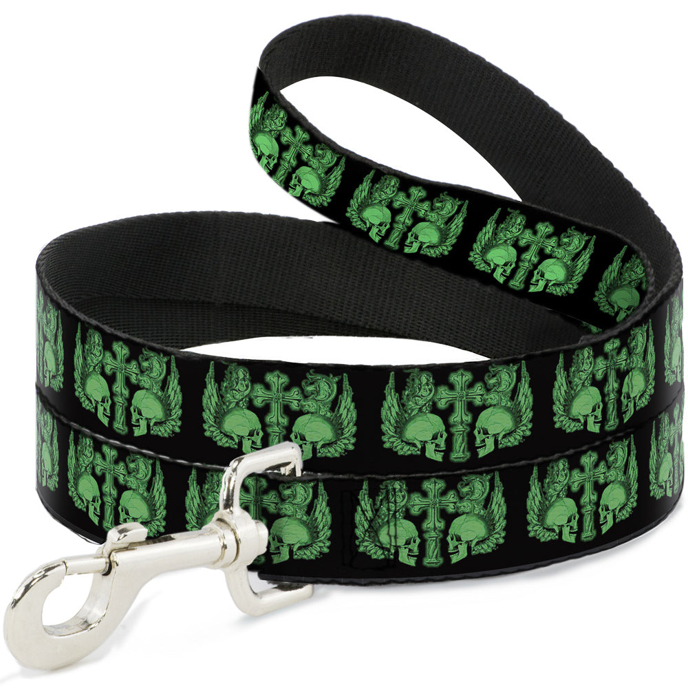 Dog Leash - BD Skulls w/Wings Black/Green Dog Leashes Buckle-Down