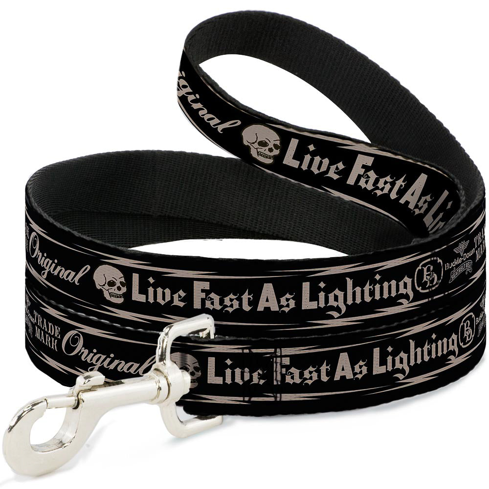 Dog Leash - BD Skull LIVE FAST AS LIGHTNING Black/Light Orange Dog Leashes Buckle-Down