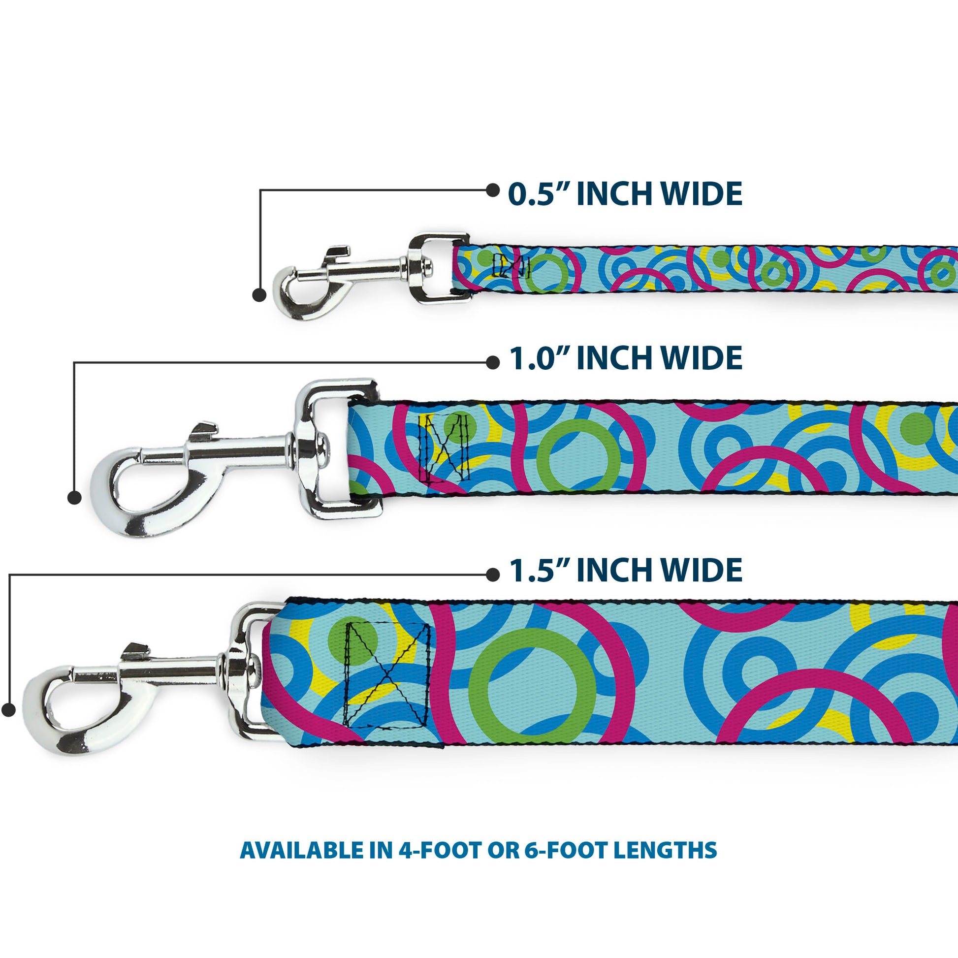 Dog Leash - Bullseye Stacked Swirl Blues/Green/Yellow/Pink Dog Leashes Buckle-Down