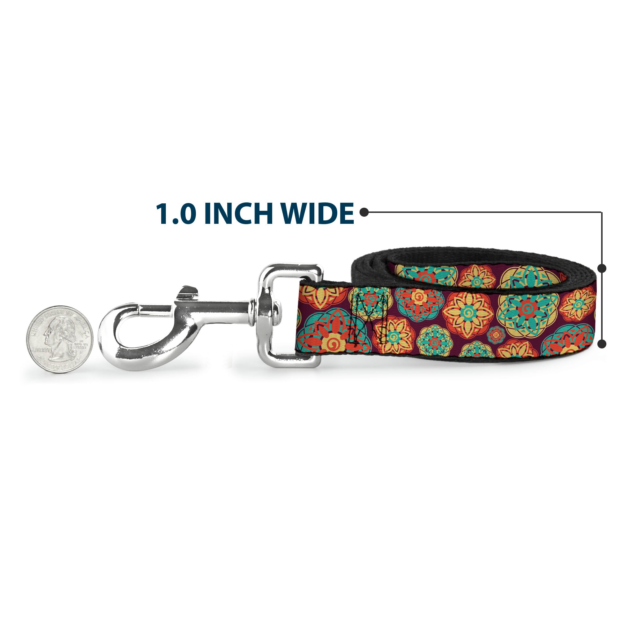 Dog Leash - Boho Mandala Burgundy/Yellow/Turquoise/Orange Dog Leashes Buckle-Down