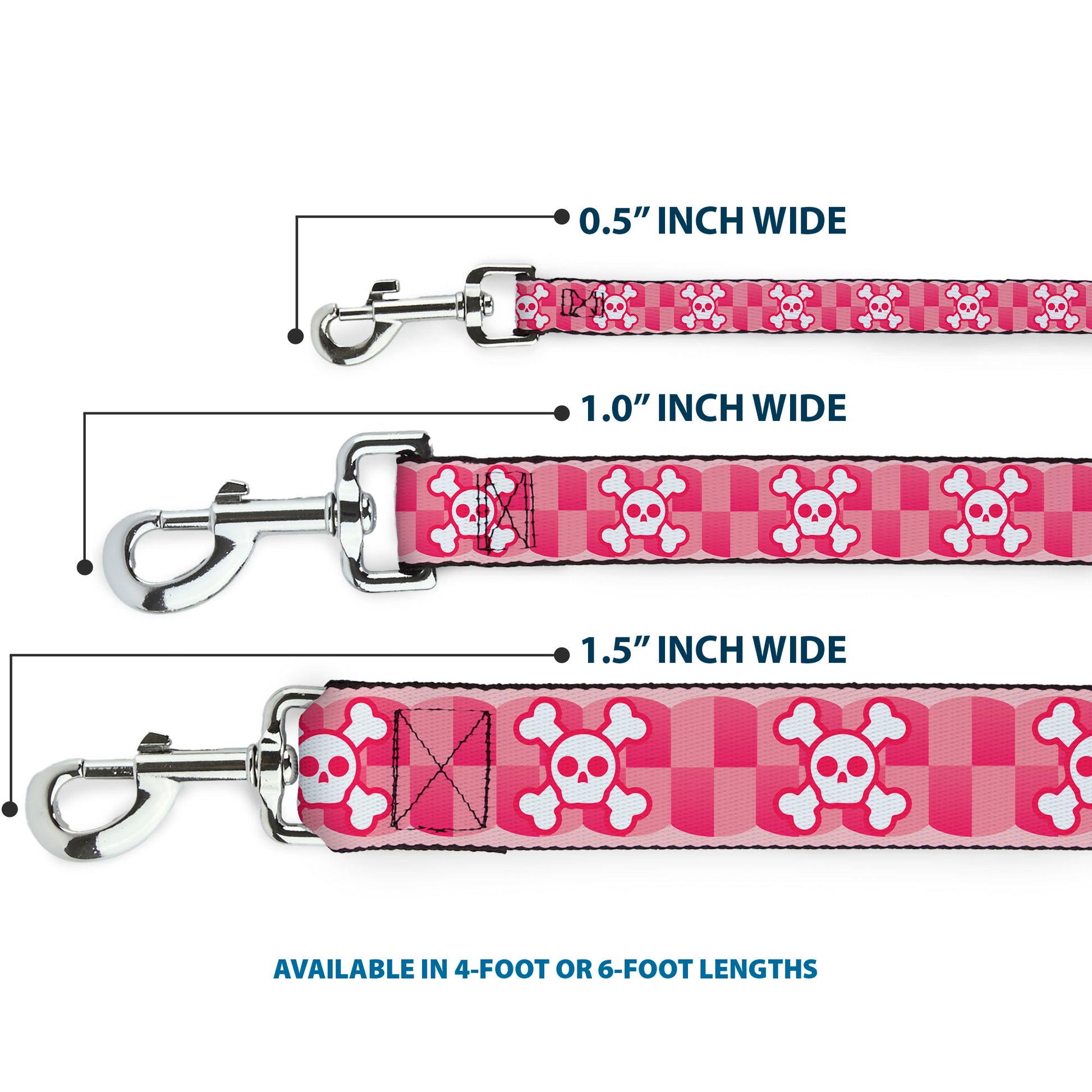 Dog Leash - Cute Skulls w/Checkers Pinks/White Dog Leashes Buckle-Down