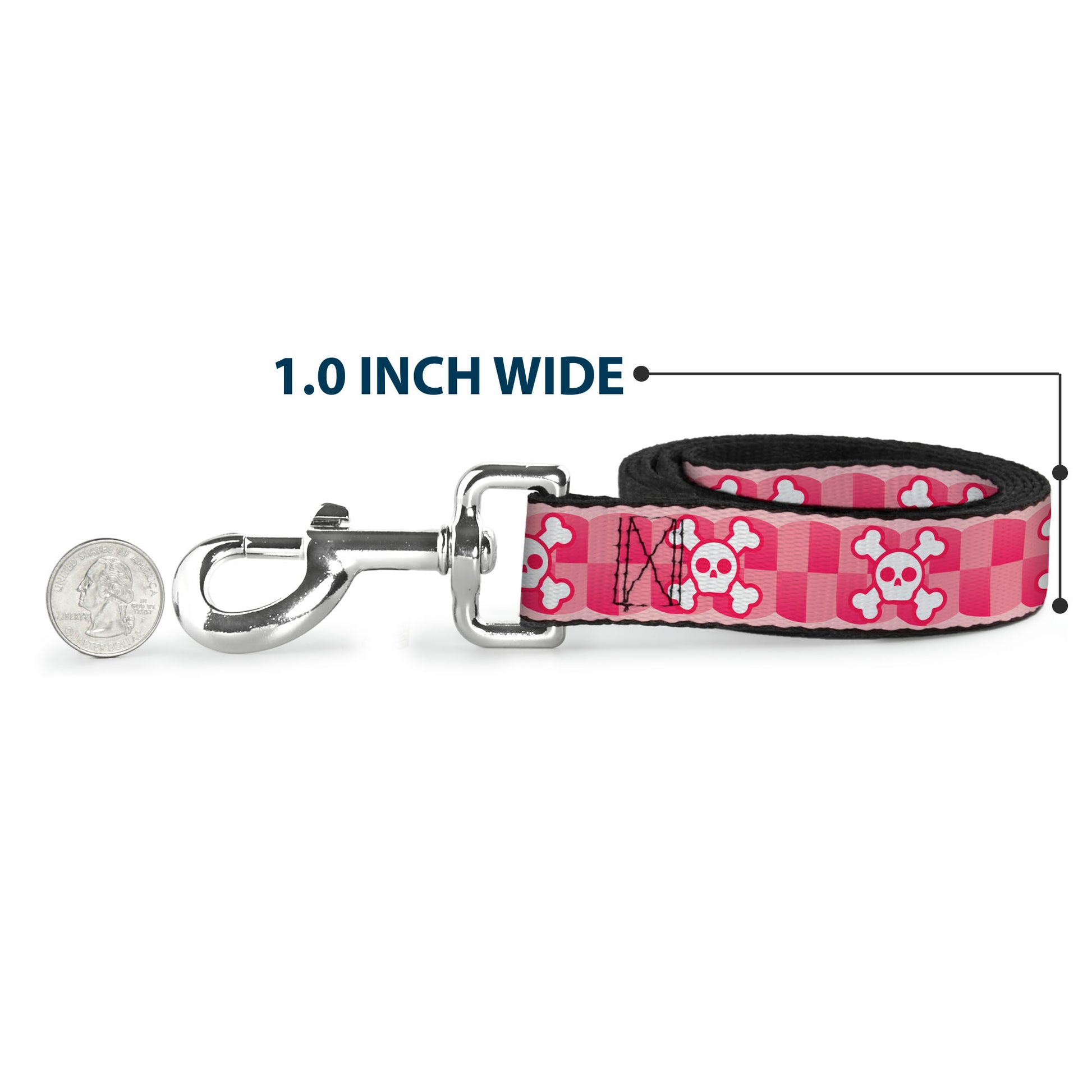 Dog Leash - Cute Skulls w/Checkers Pinks/White Dog Leashes Buckle-Down
