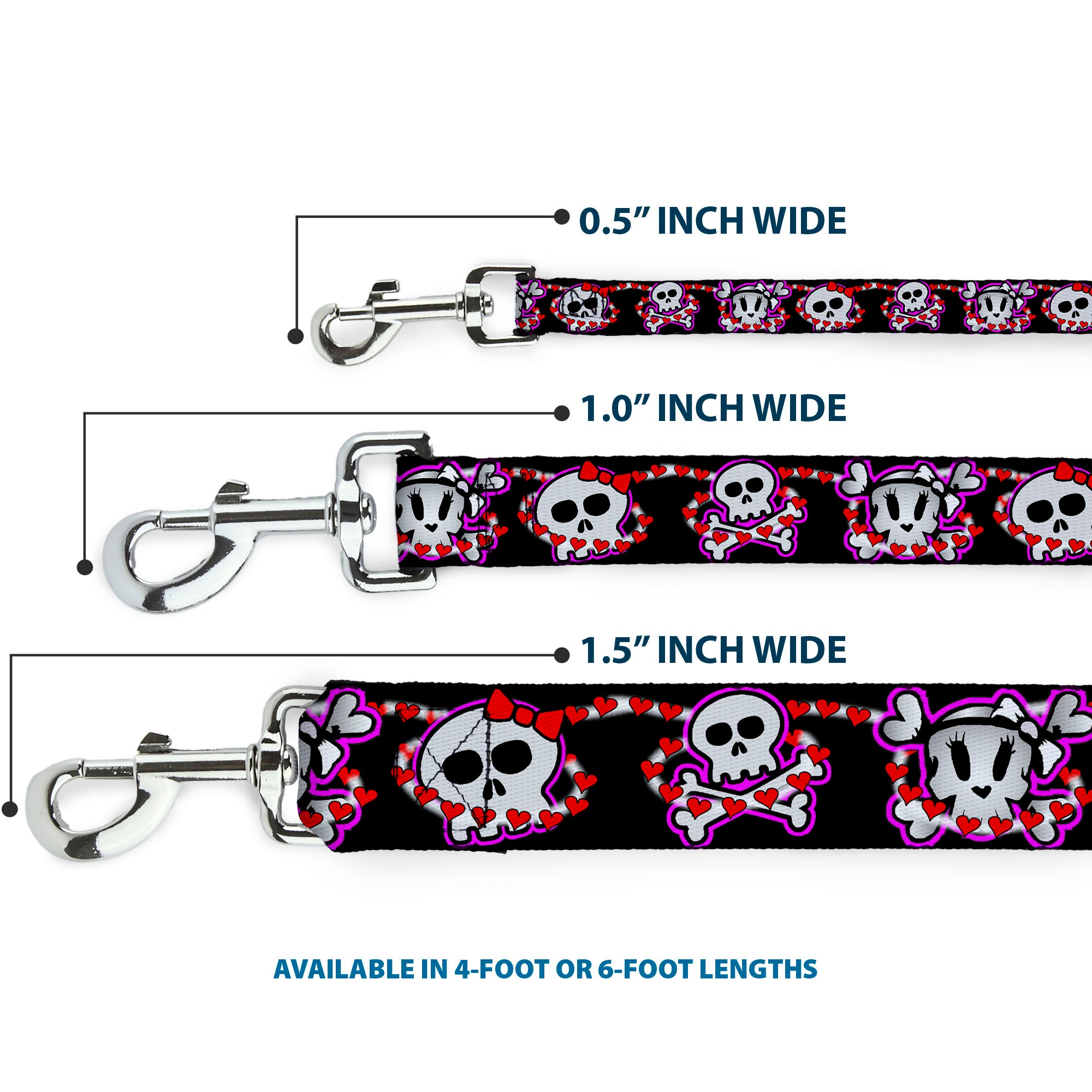 Dog Leash - Cute Skulls w/Hearts Dog Leashes Buckle-Down