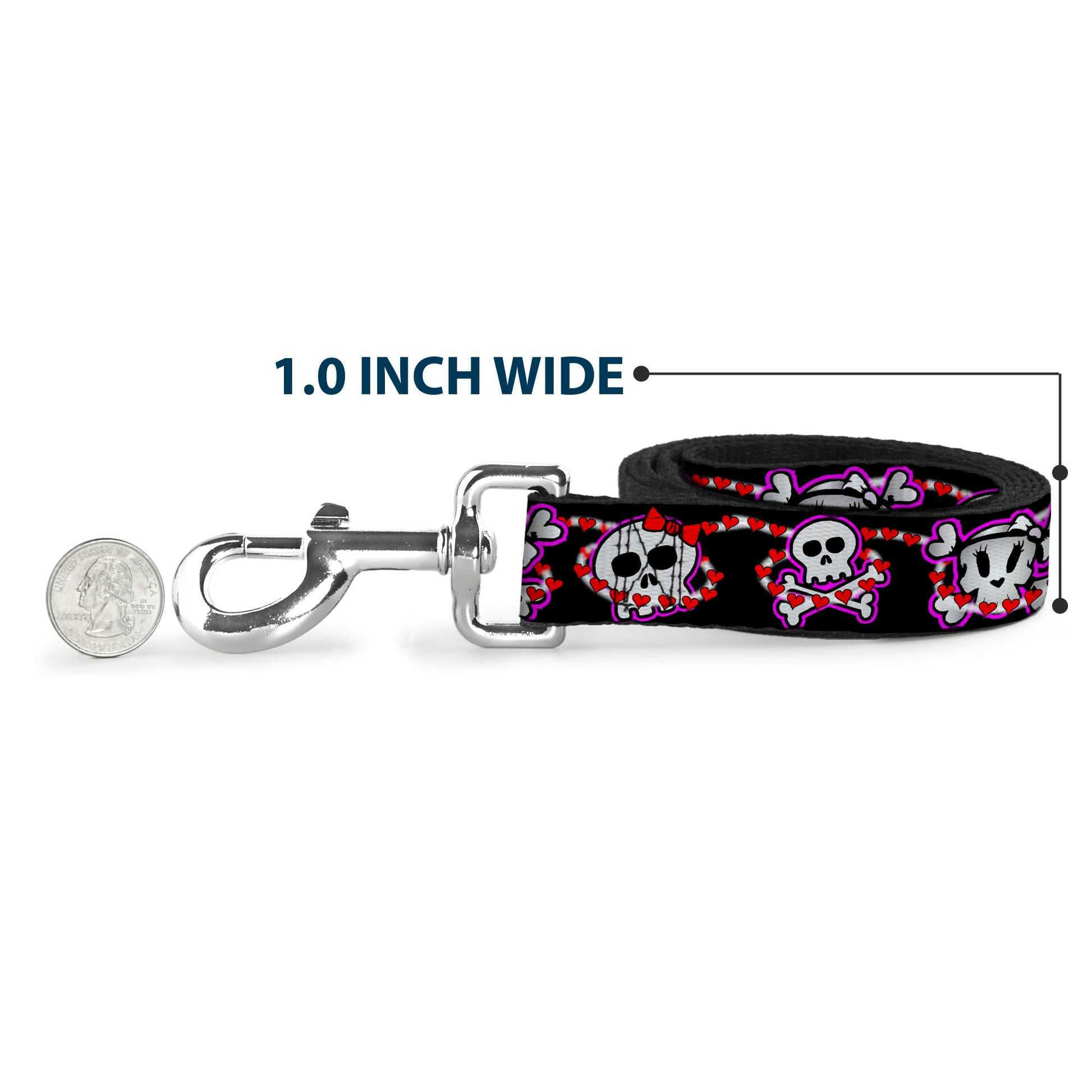 Dog Leash - Cute Skulls w/Hearts Dog Leashes Buckle-Down