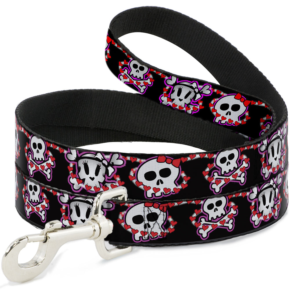 Dog Leash - Cute Skulls w/Hearts Dog Leashes Buckle-Down