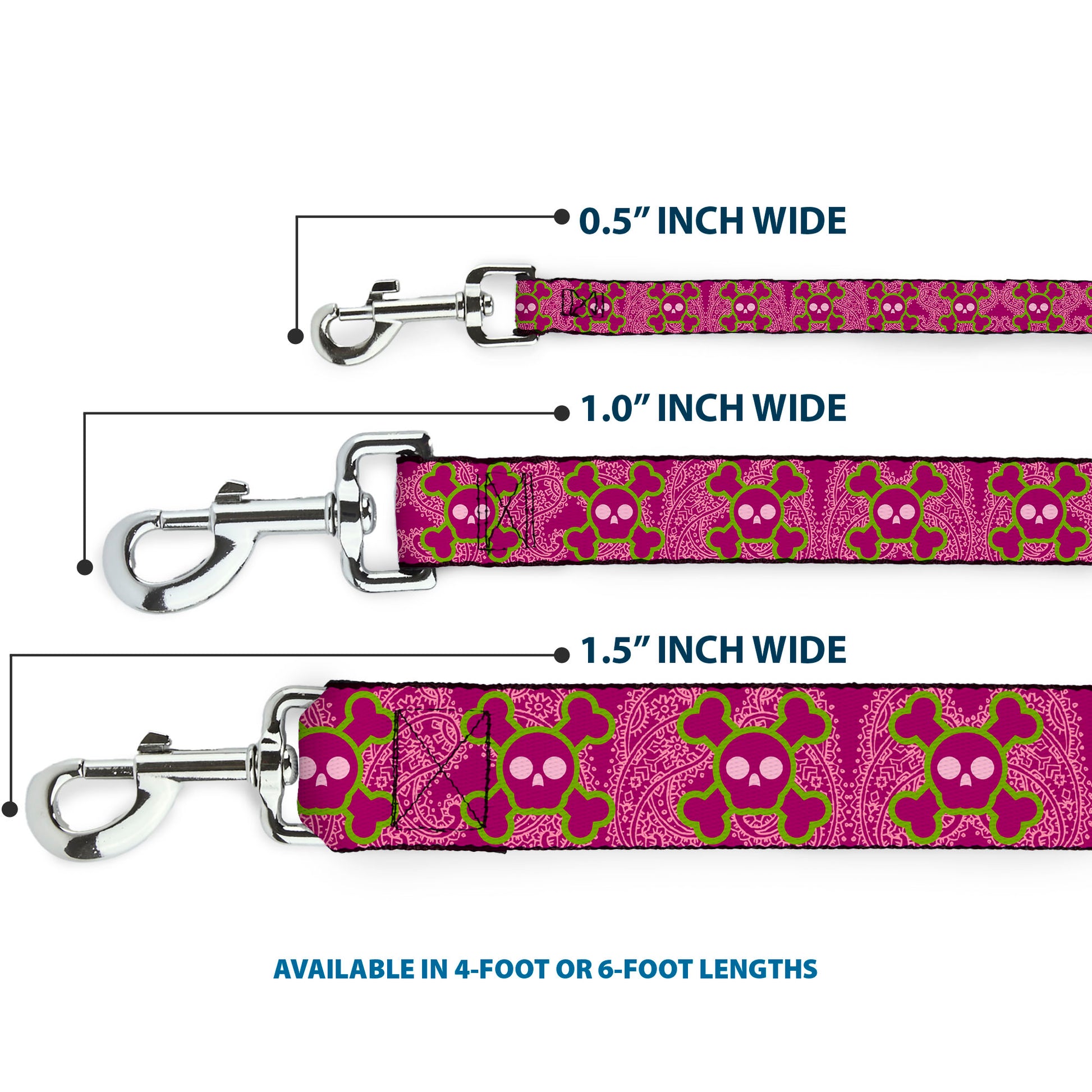Dog Leash - Cute Skulls w/Paisley Purple/Pink/Green Dog Leashes Buckle-Down
