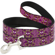 Dog Leash - Cute Skulls w/Paisley Purple/Pink/Green Dog Leashes Buckle-Down