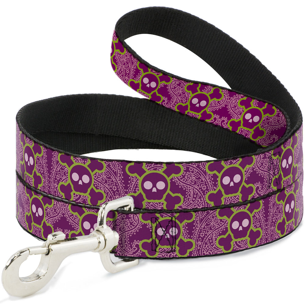 Dog Leash - Cute Skulls w/Paisley Purple/Pink/Green Dog Leashes Buckle-Down