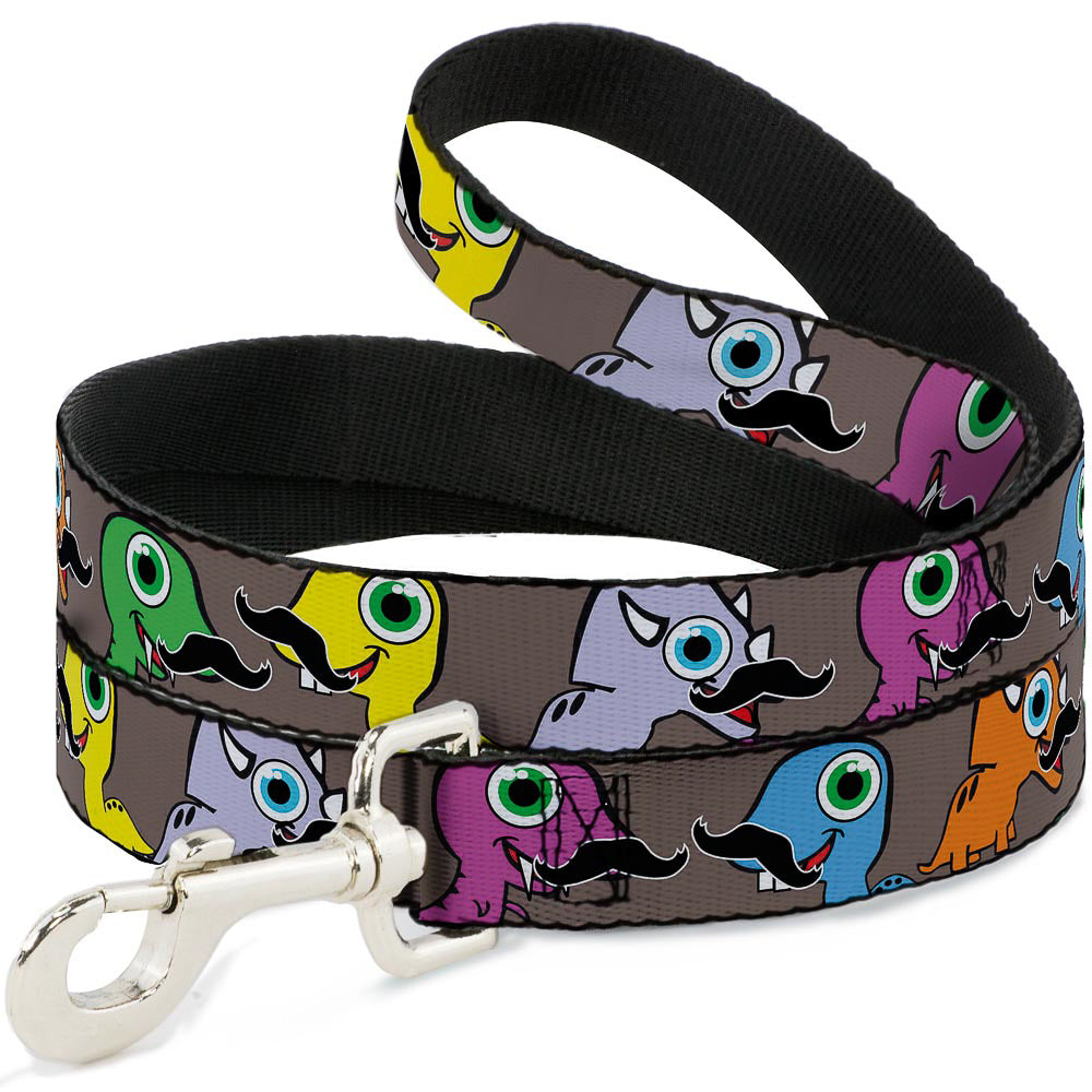Dog Leash - Cute Dinosaurs w/Mustaches Gray Dog Leashes Buckle-Down