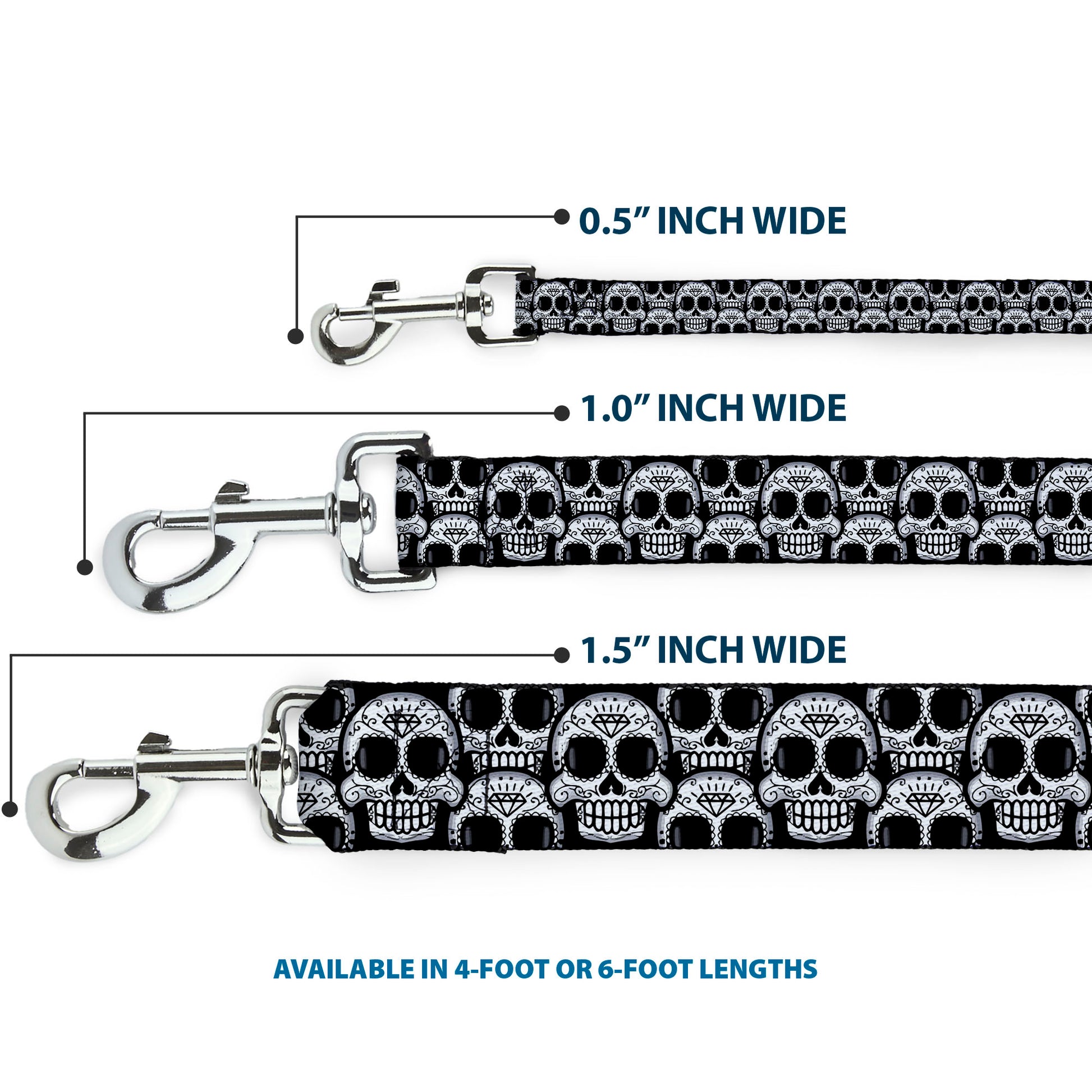 Dog Leash - Cartoon Sugar Skulls Stacked Black/White Dog Leashes Buckle-Down