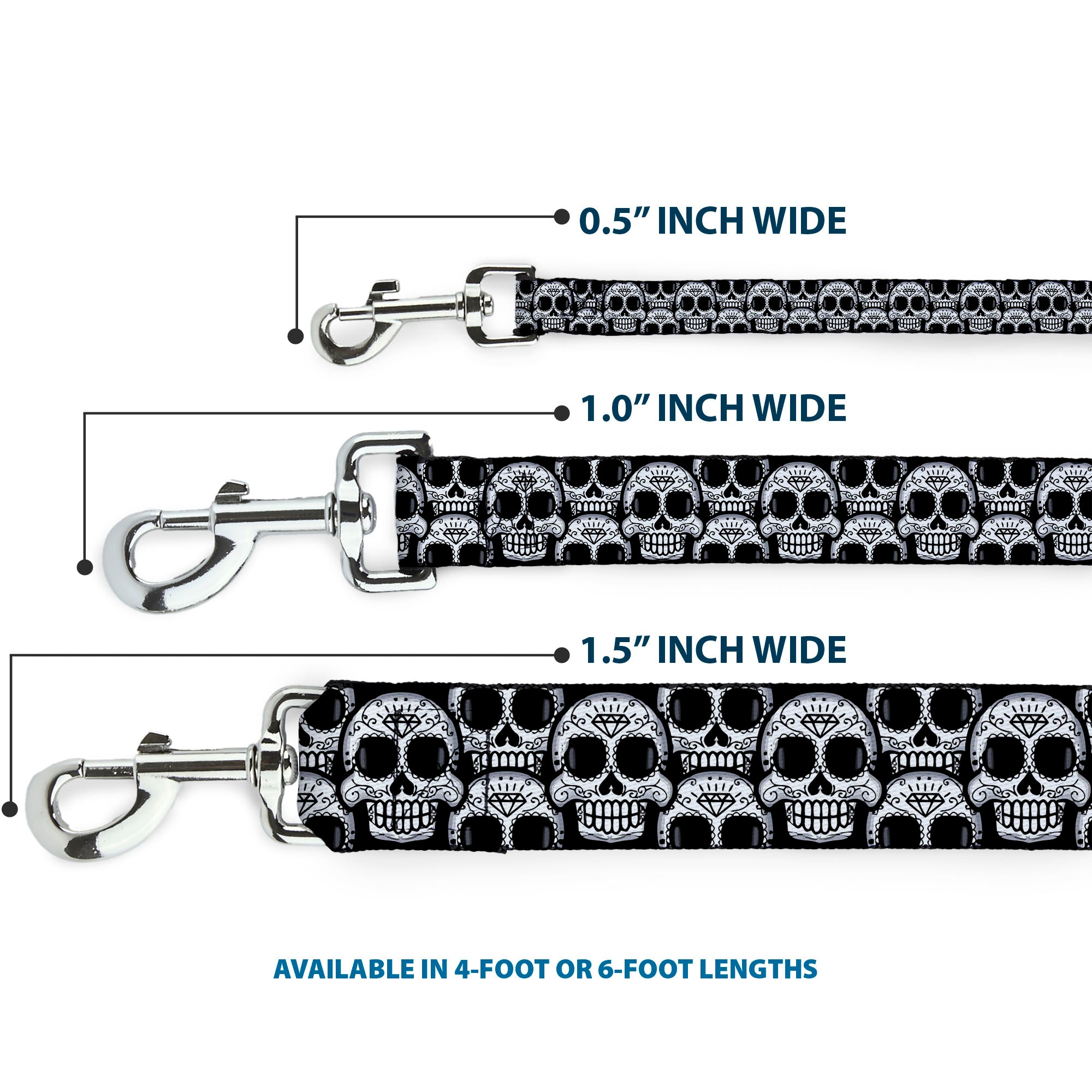 Dog Leash - Cartoon Sugar Skulls Stacked Black/White Dog Leashes Buckle-Down