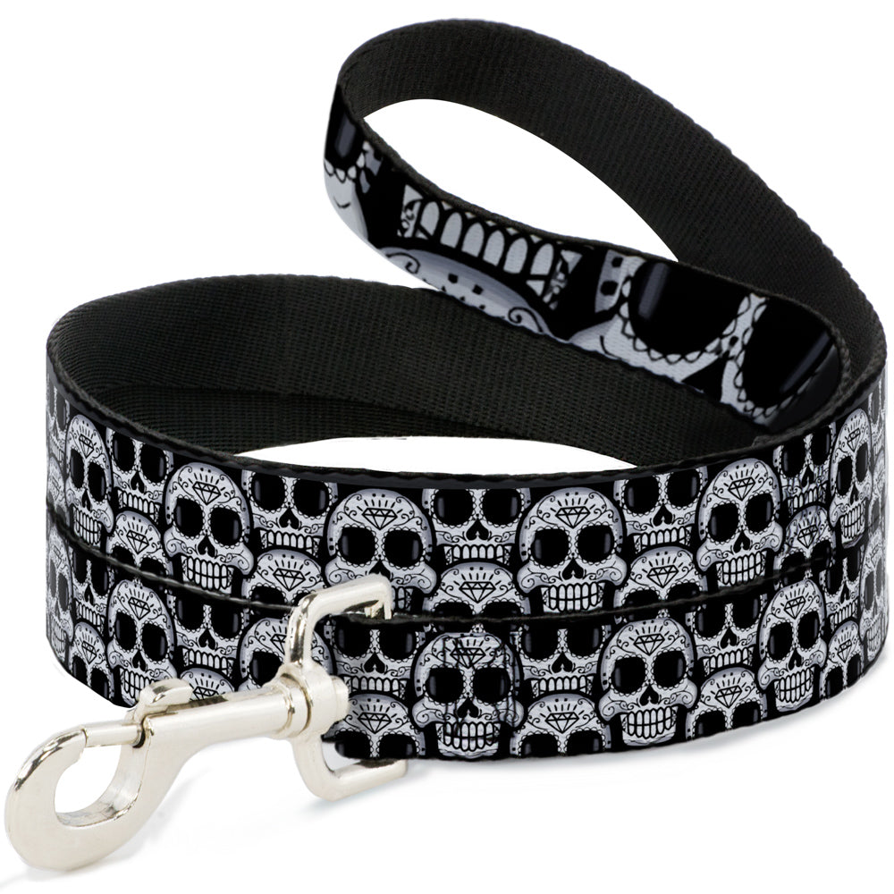 Dog Leash - Cartoon Sugar Skulls Stacked Black/White Dog Leashes Buckle-Down