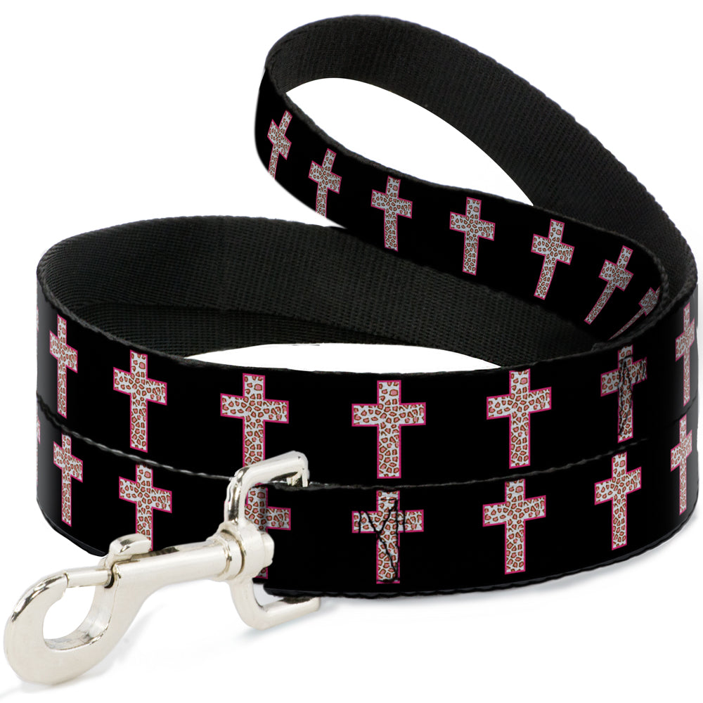 Dog Leash - Cross Repeat Black/Leopard Brown/Pink Outline Dog Leashes Buckle-Down
