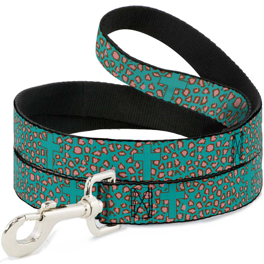 Dog Leash - Cross Repeat Leopard Turquoise/Pink Dog Leashes Buckle-Down