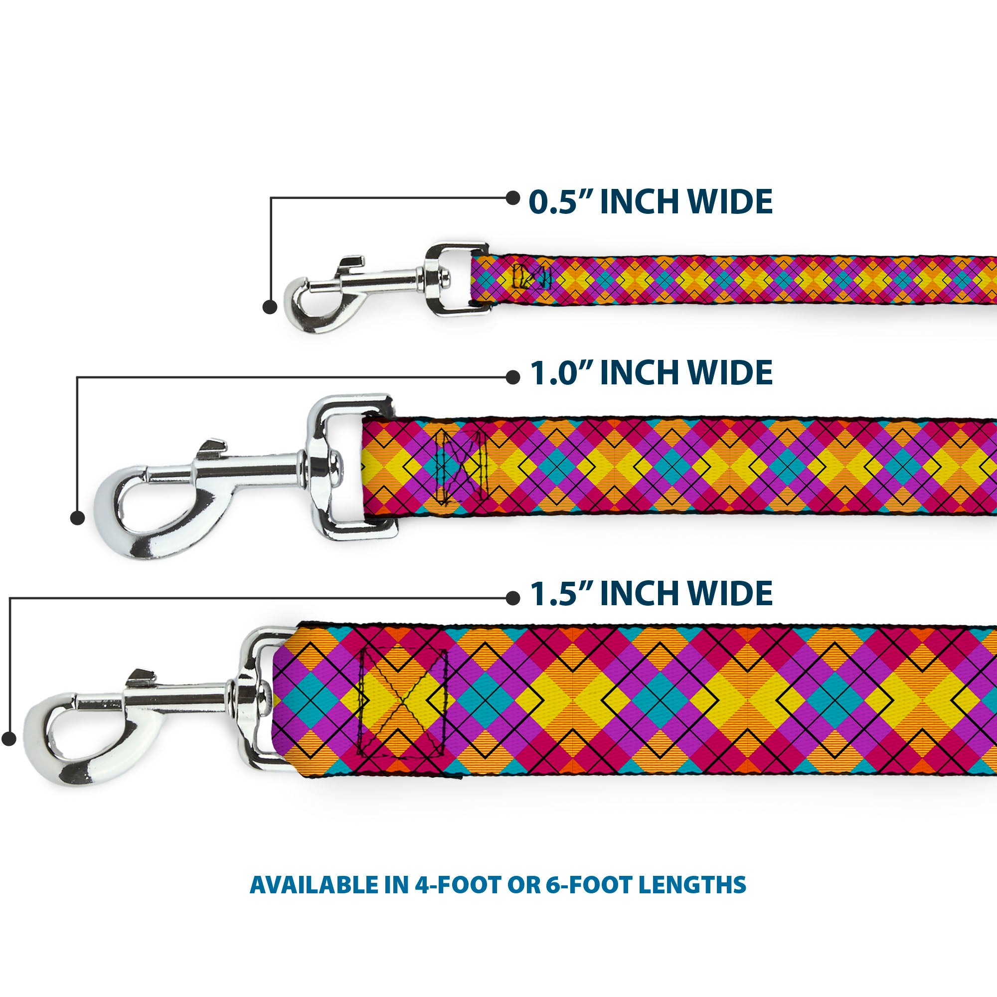 Dog Leash - Diamond Plaid Orange/Yellow/Blue/Purple/Fuchsia Dog Leashes Buckle-Down