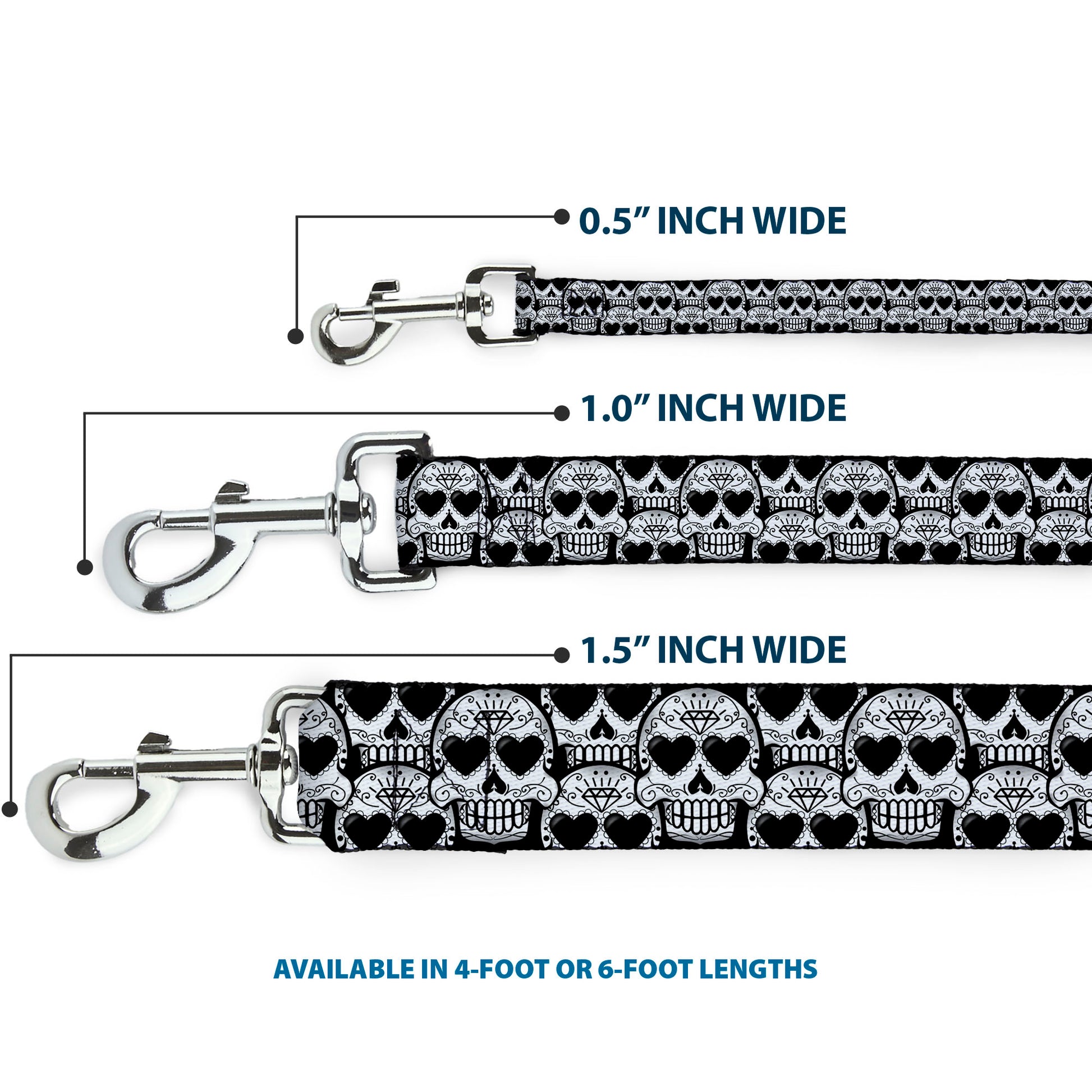 Dog Leash - Diamond Sugar Skull Stacked Black Silver Fade White Dog Leashes Buckle-Down