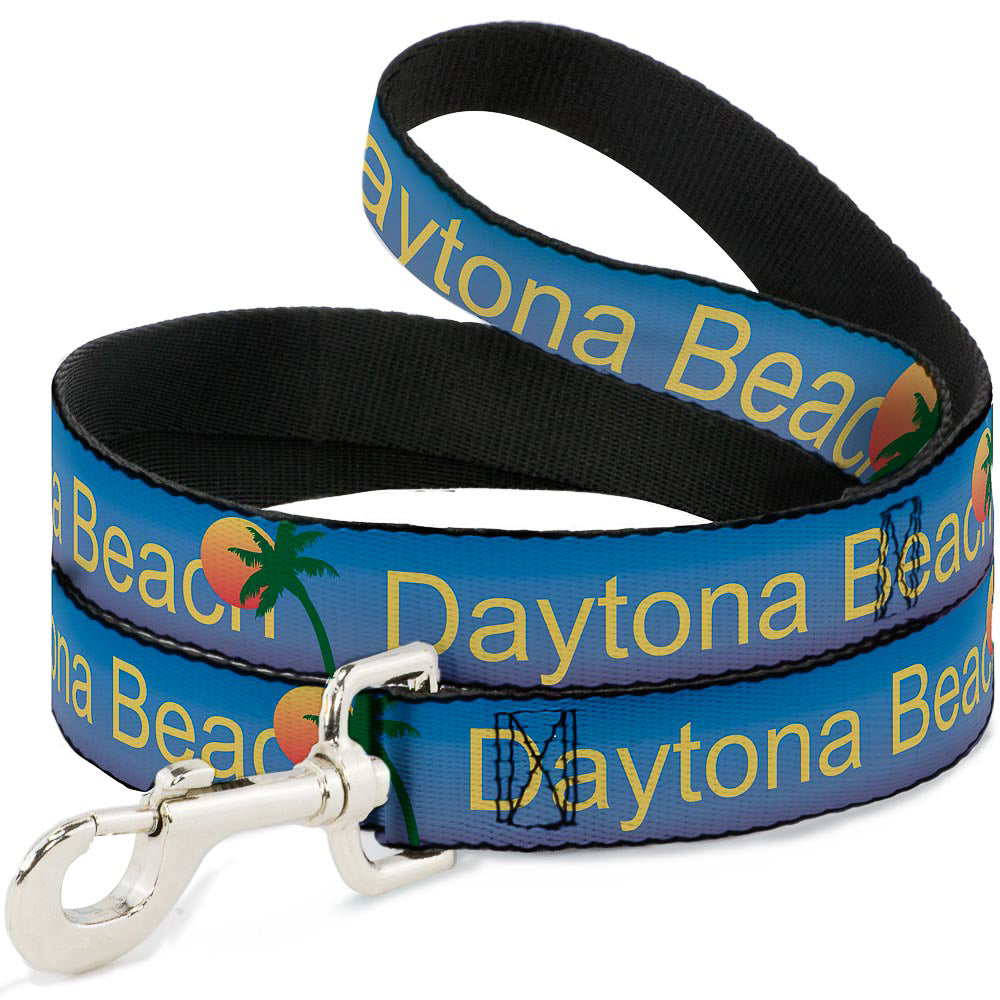 Dog Leash - DAYTONA BEACH Script Sun Palm Trees Blue Fade Yellow Oranges Green Dog Leashes Buckle-Down