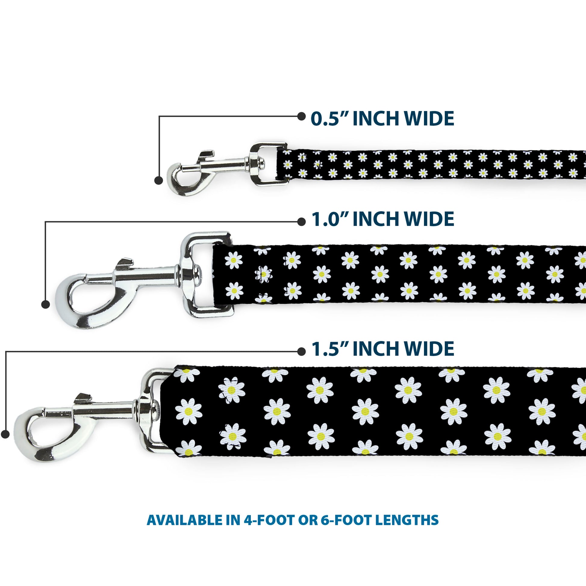 Dog Leash - Daisies Scattered Black/White/Yellow Dog Leashes Buckle-Down