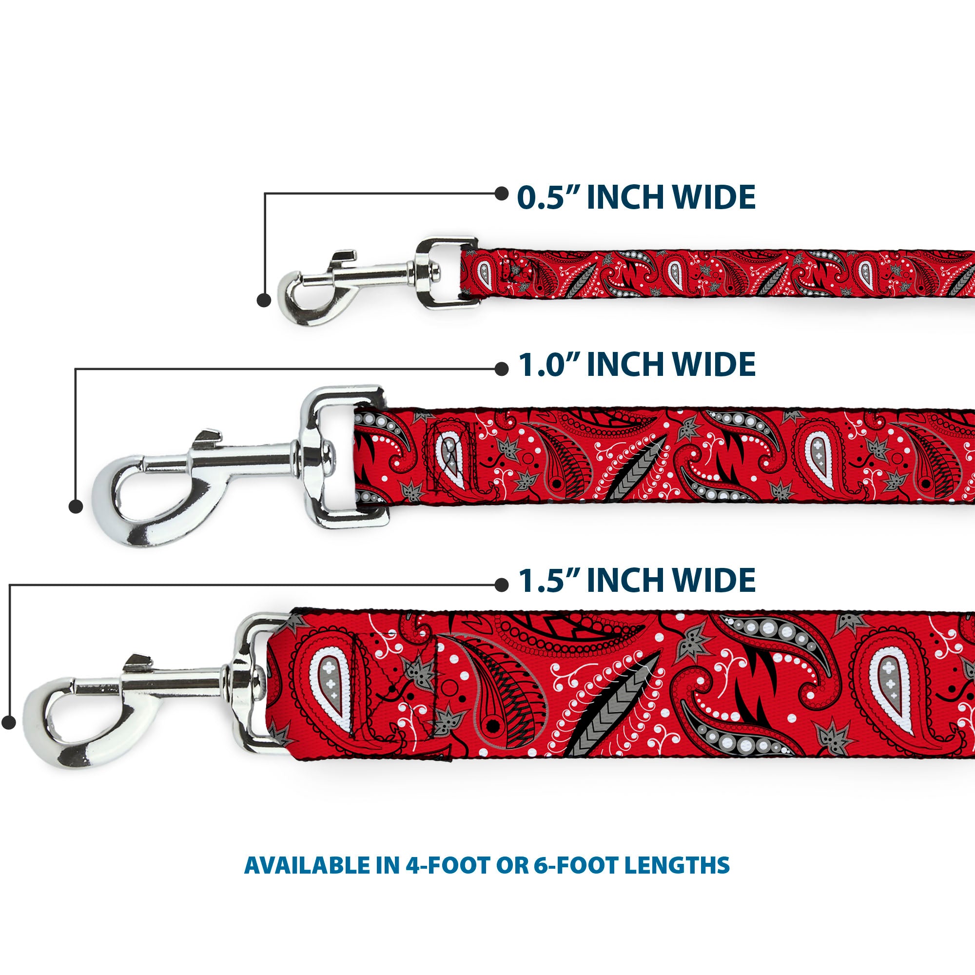 Dog Leash - Floral Paisley3 Red/Black/Gray/White Dog Leashes Buckle-Down