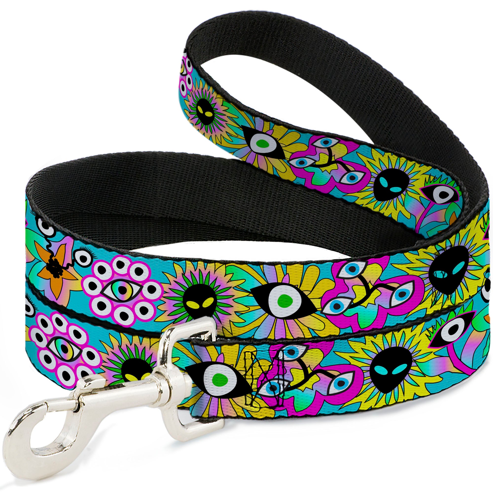 Dog Leash - Funky Alien Flowers Aqua Blue/Multi Color Dog Leashes Buckle-Down