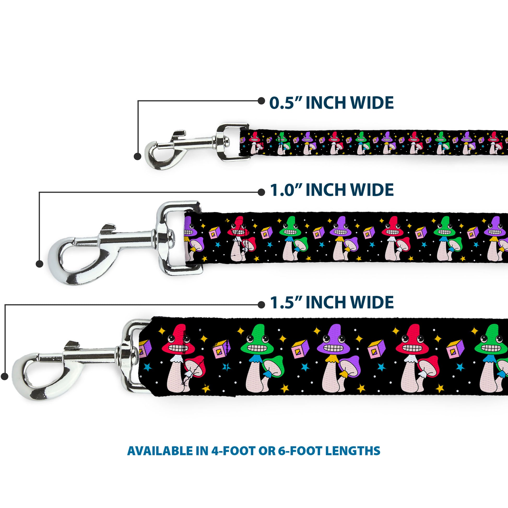 Dog Leash - Happy Mushrooms with Stars Black/Multi Color Dog Leashes Buckle-Down