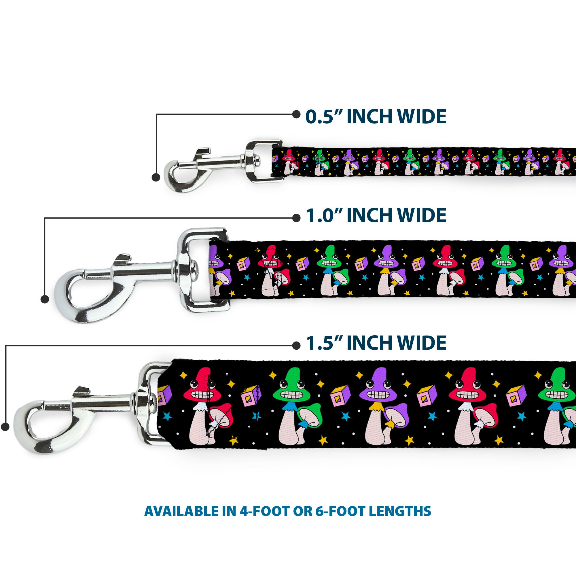 Dog Leash - Happy Mushrooms with Stars Black/Multi Color Dog Leashes Buckle-Down