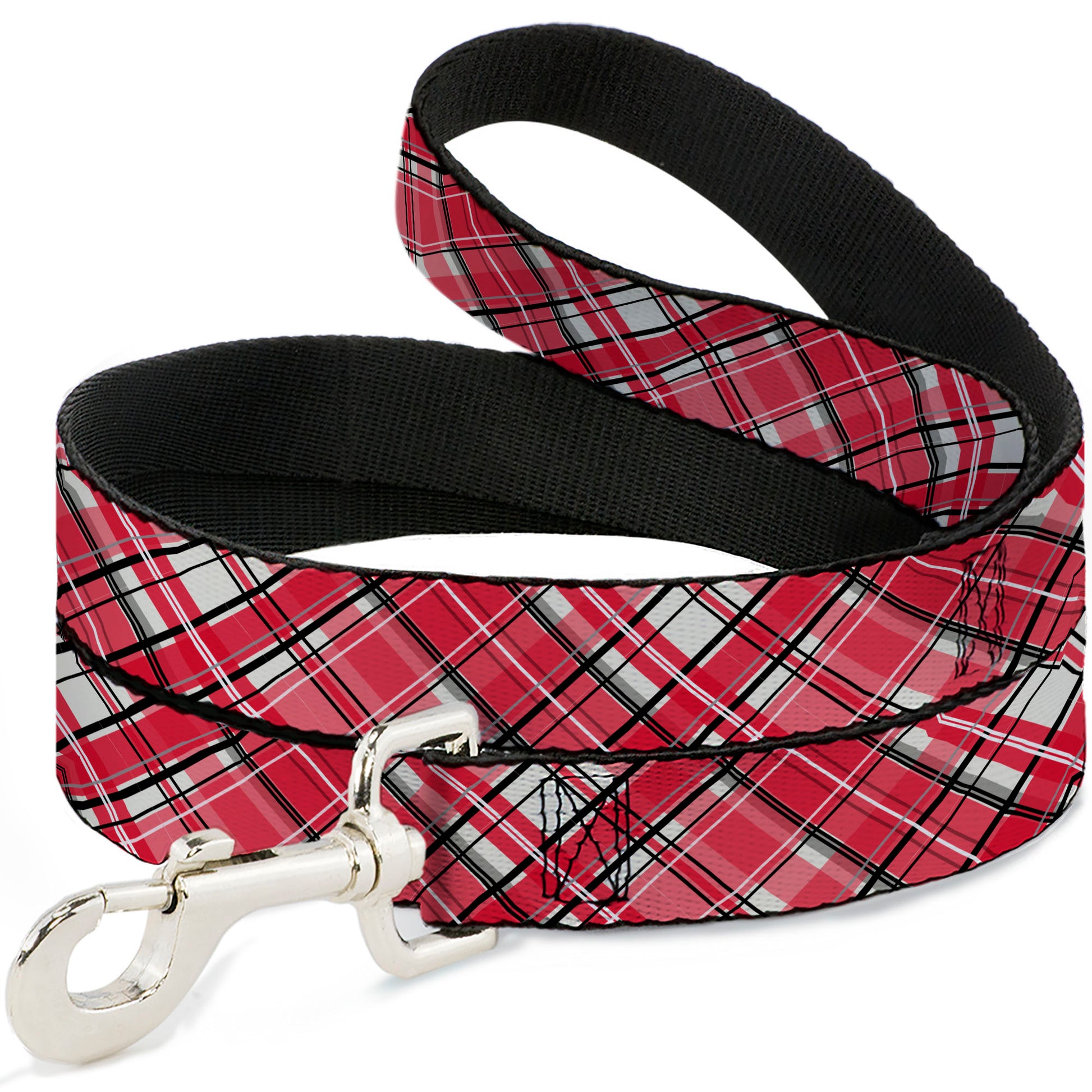 Dog Leash - Holiday Christmas Plaid Diagonal White/Red/Black Dog Leashes Buckle-Down