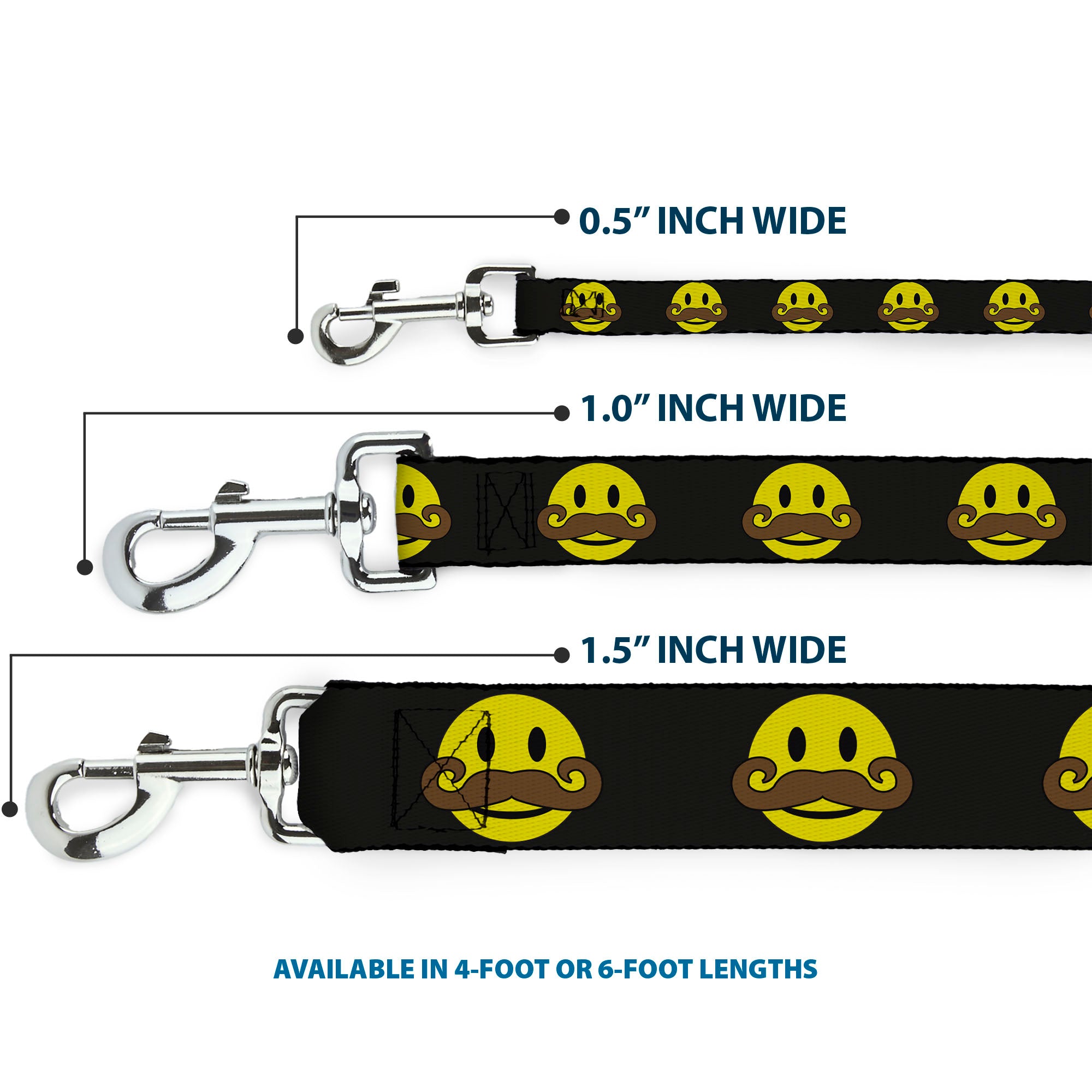 Dog Leash - Mustache Happy Face Black/Yellow/Brown Dog Leashes Buckle-Down