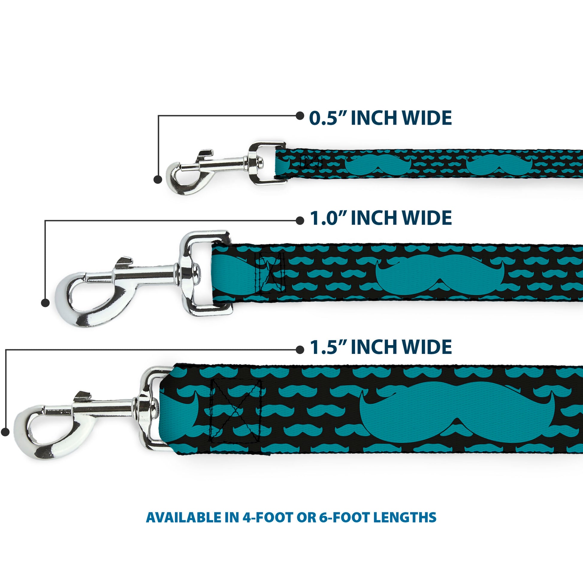 Dog Leash - Mustaches Mini/Single Repeat Black/Turquoise Dog Leashes Buckle-Down