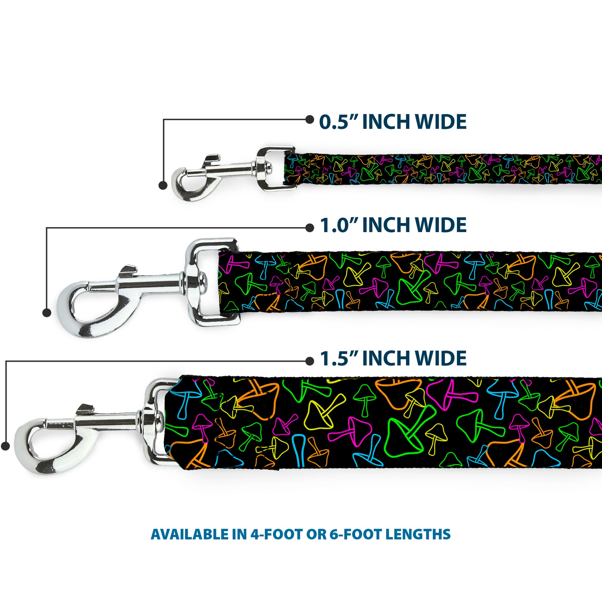 Dog Leash - Mushroom Outline Scattered Black/Multi Neon Dog Leashes Buckle-Down