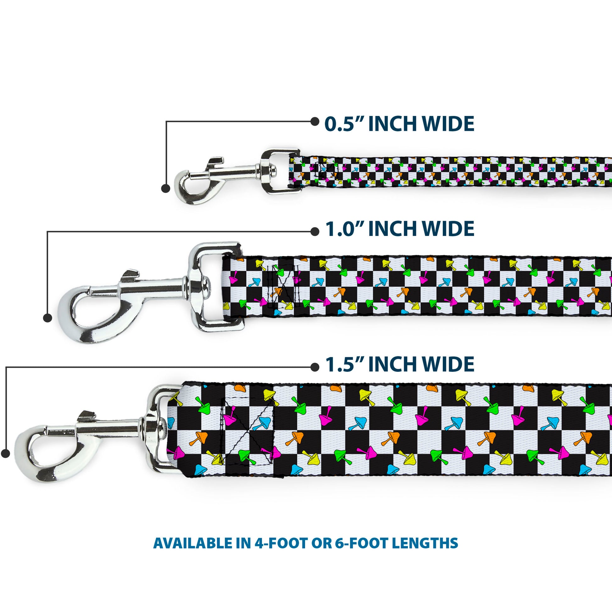 Dog Leash - Mushrooms Scattered Checker Black/White/Multi Neon Dog Leashes Buckle-Down
