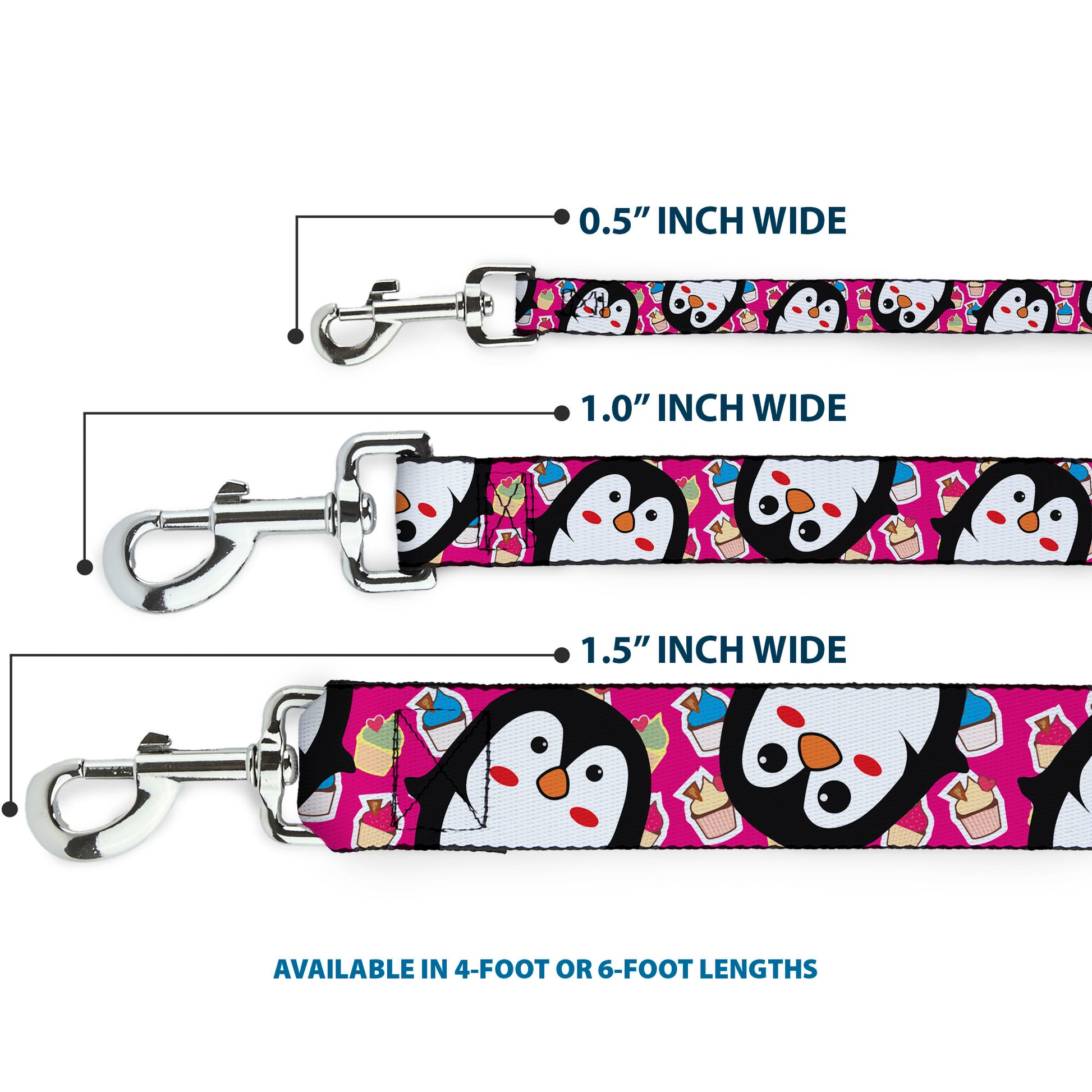 Dog Leash - Penguins w/Cupcakes Fuchsia/Multi Color Dog Leashes Buckle-Down