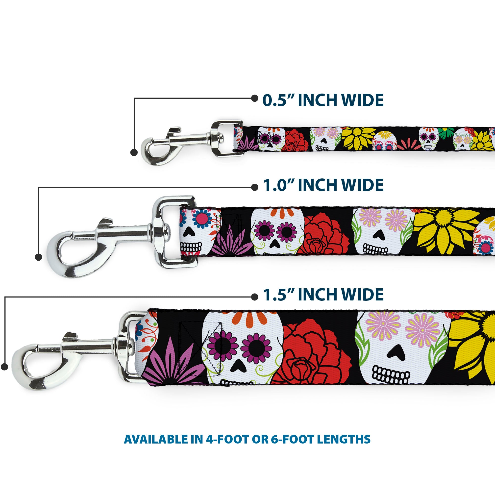 Dog Leash - Sugar Skulls & Flowers Black/Multi Color Dog Leashes Buckle-Down