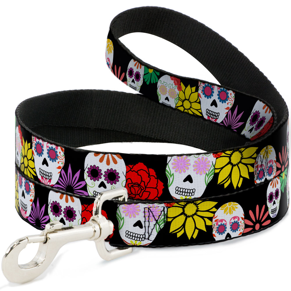 Dog Leash - Sugar Skulls & Flowers Black/Multi Color Dog Leashes Buckle-Down