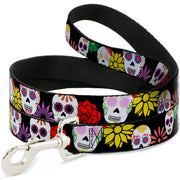 Dog Leash - Sugar Skulls & Flowers Black/Multi Color Dog Leashes Buckle-Down