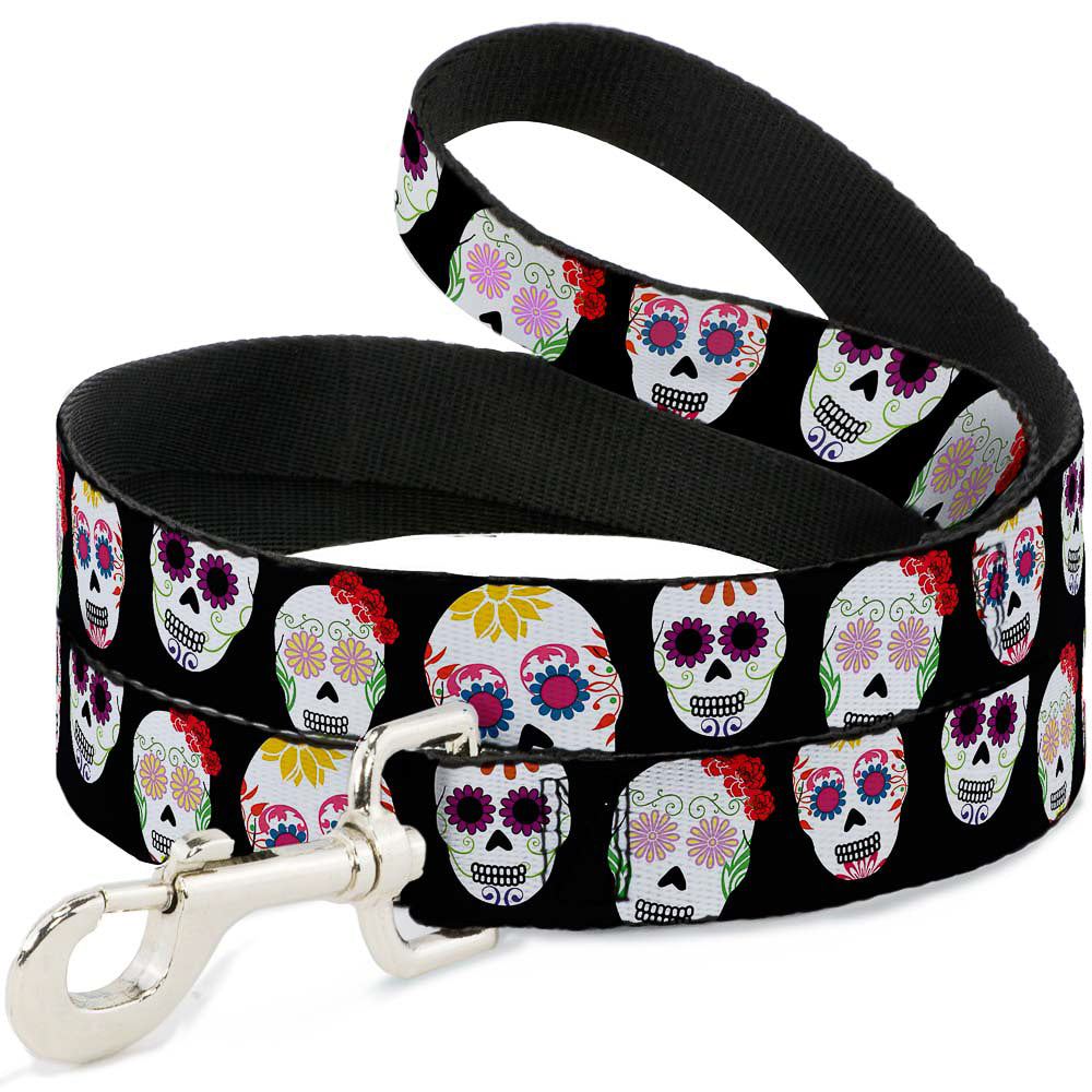 Dog Leash - Staggered Sugar Skulls Black/Multi Color Dog Leashes Buckle-Down