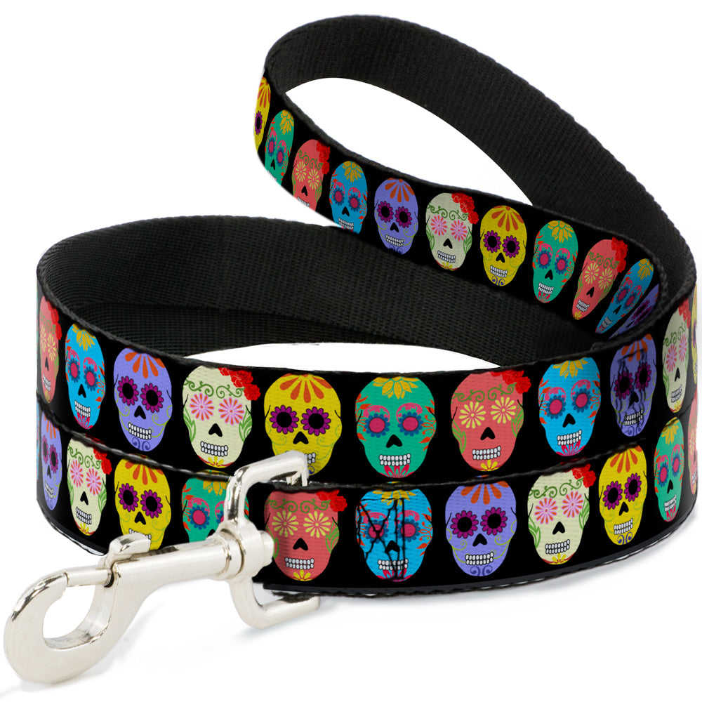 Dog Leash - Painted Sugar Skulls Black/Multi Color Dog Leashes Buckle-Down