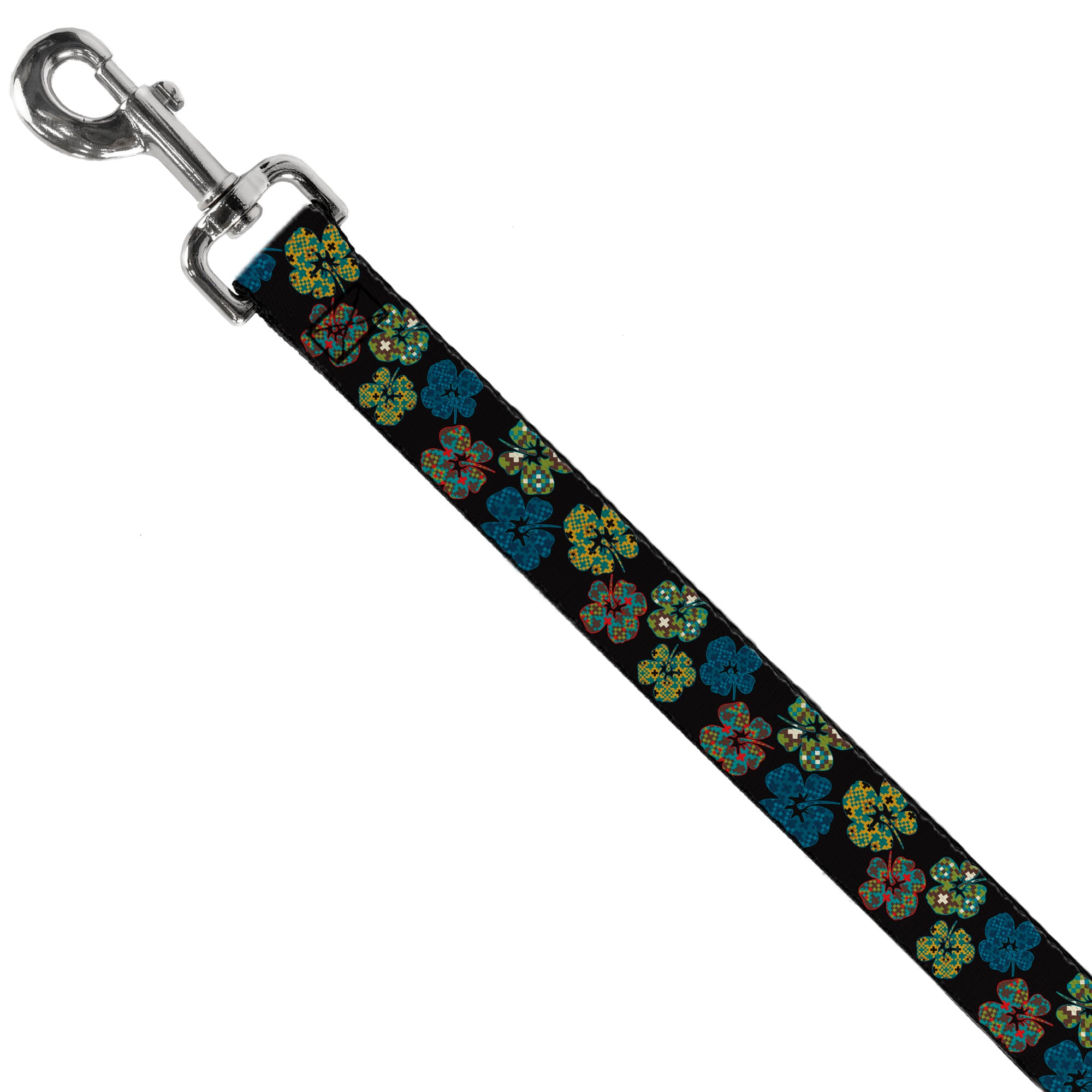 Dog Leash - Pixilated Hibiscus Flowers Black/Multi Color Dog Leashes Buckle-Down
