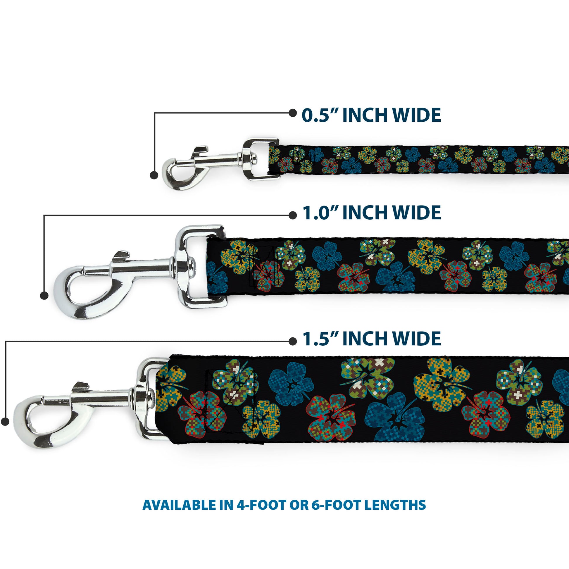 Dog Leash - Pixilated Hibiscus Flowers Black/Multi Color Dog Leashes Buckle-Down