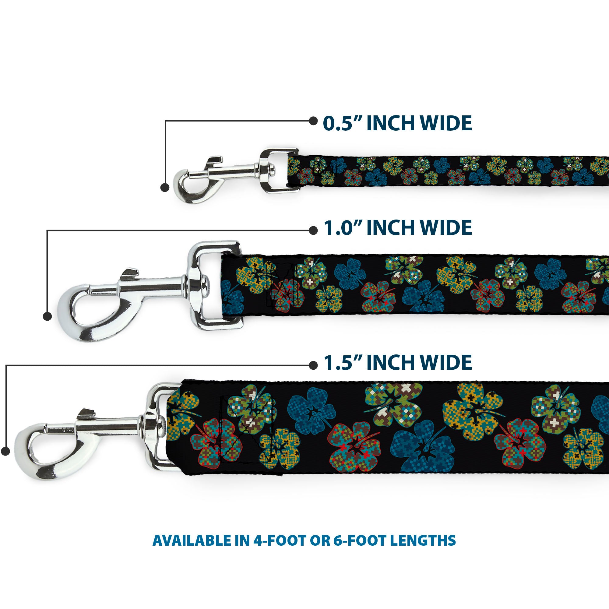 Dog Leash - Pixilated Hibiscus Flowers Black/Multi Color Dog Leashes Buckle-Down