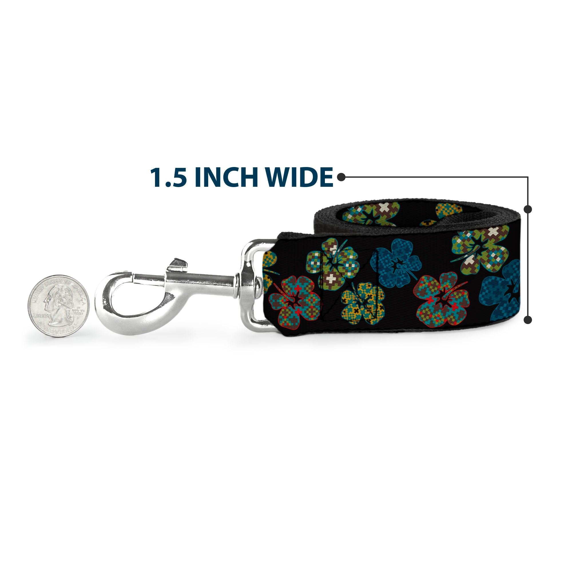 Dog Leash - Pixilated Hibiscus Flowers Black/Multi Color Dog Leashes Buckle-Down