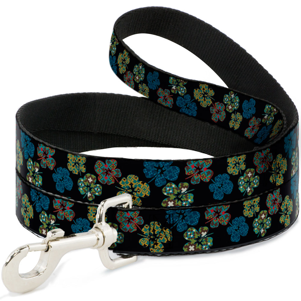 Dog Leash - Pixilated Hibiscus Flowers Black/Multi Color Dog Leashes Buckle-Down