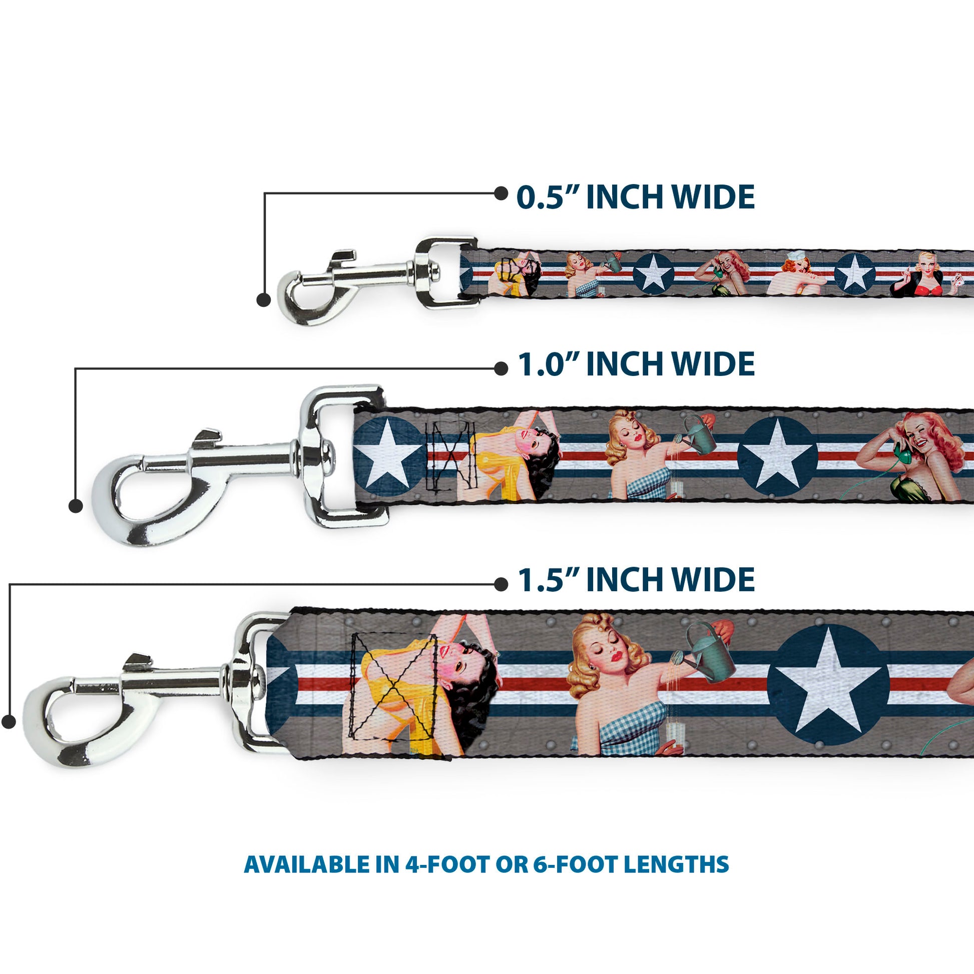Dog Leash - Pin Up Girl Poses CLOSE-UP Star & Stripes Gray/Blue/White/Red Dog Leashes Buckle-Down